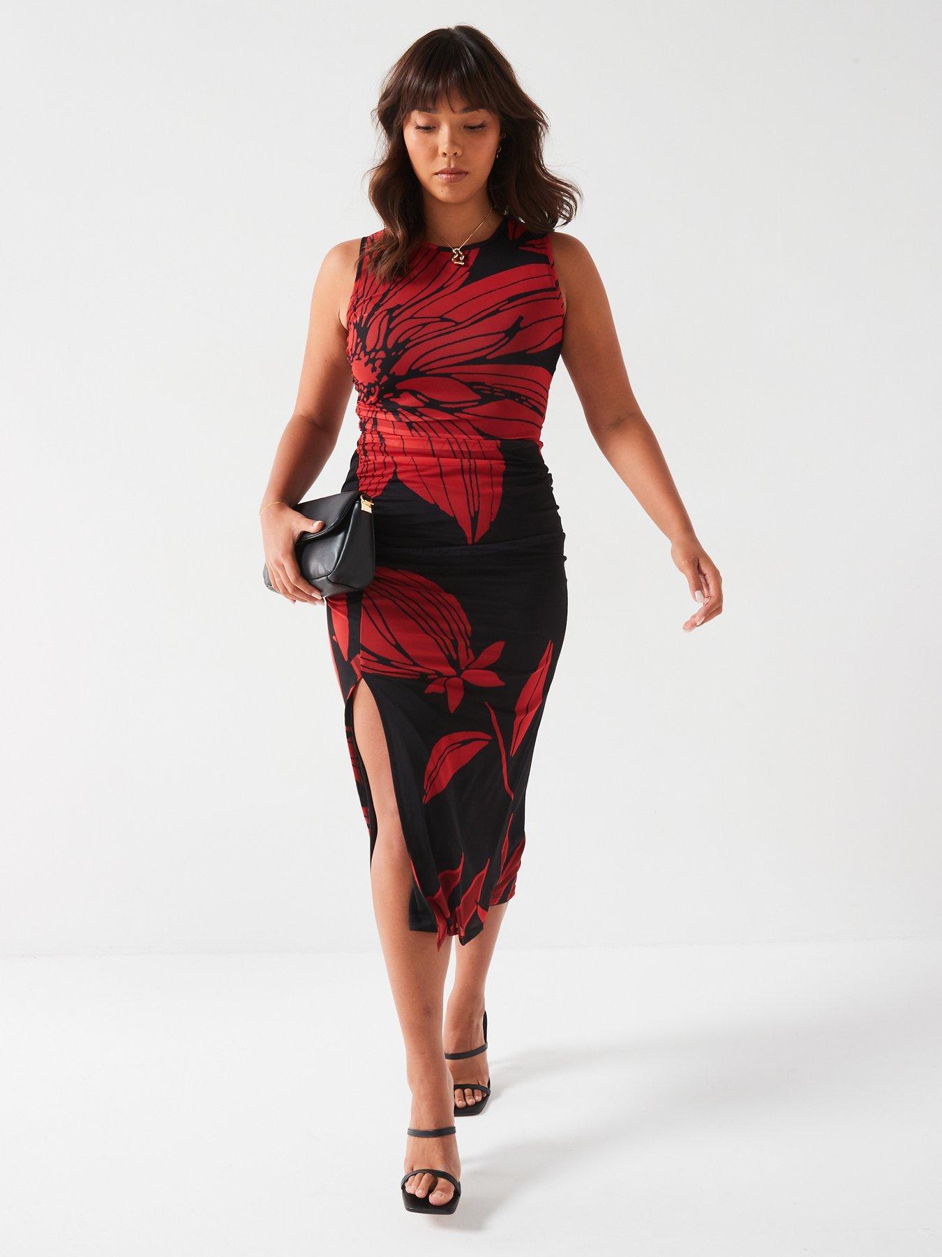 undefined Large Floral Mesh Ruched Midi Dress