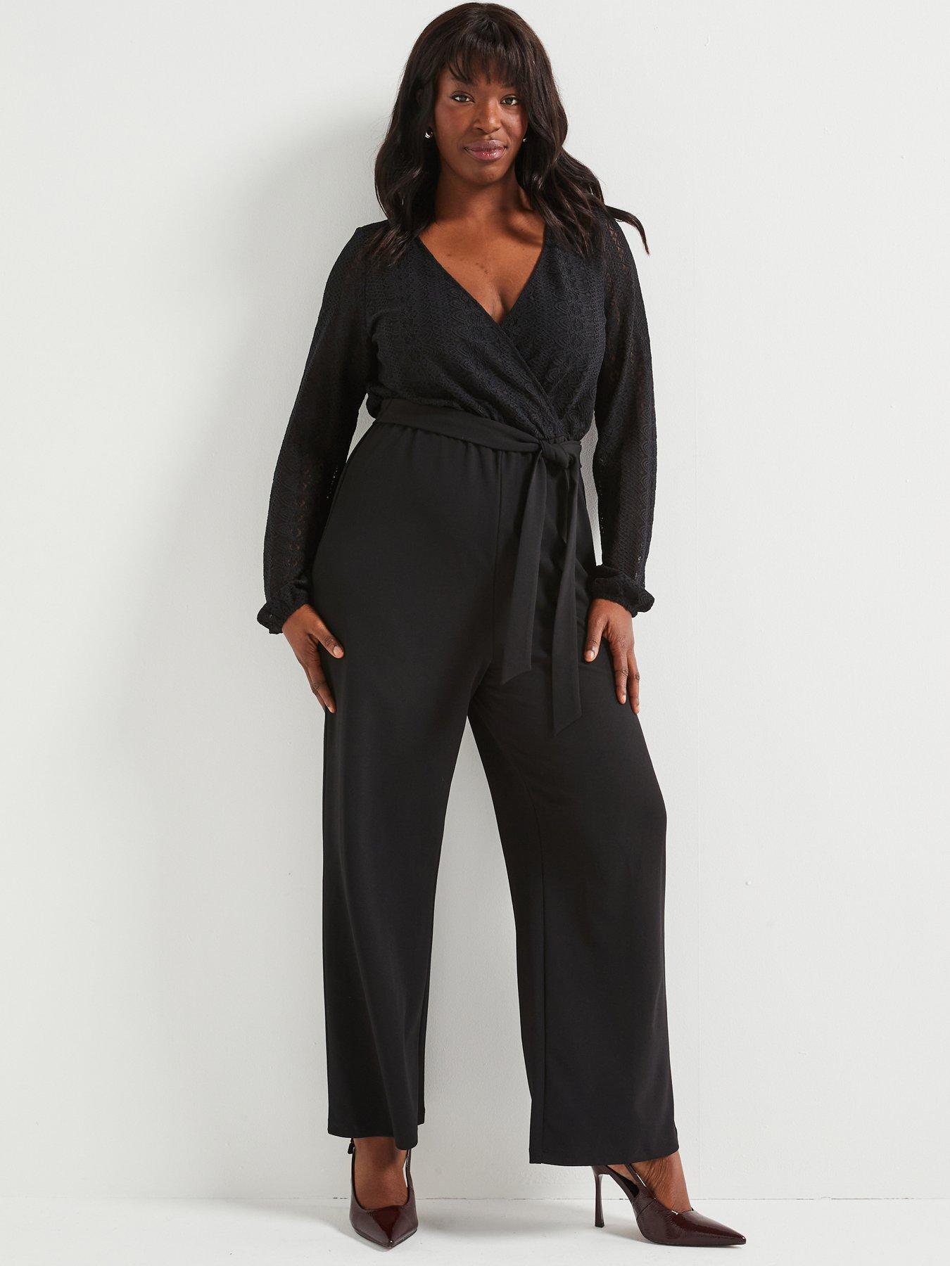  image of v-by-very-curve-lace-wrap-stretch-jumpsuit-black