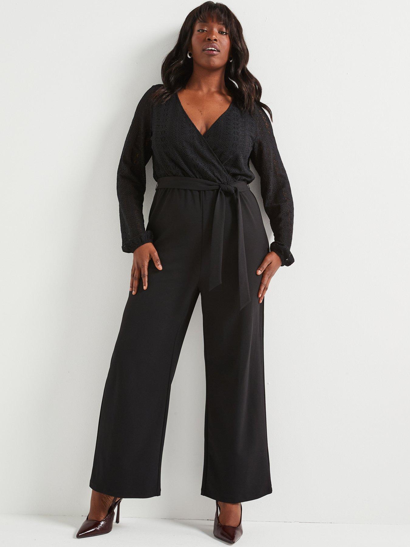  image of v-by-very-curve-lace-wrap-stretch-jumpsuit-black