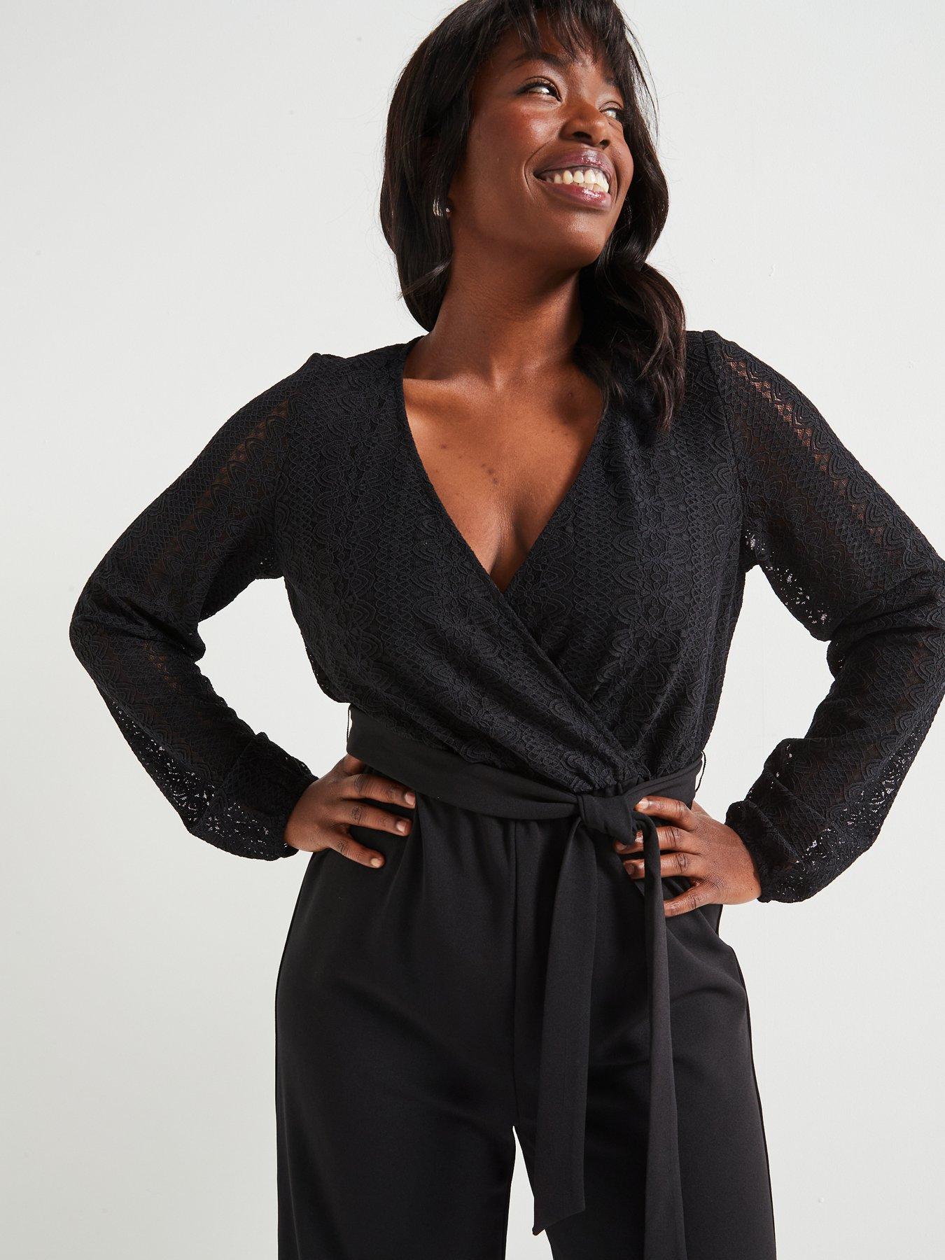  image of v-by-very-curve-lace-wrap-stretch-jumpsuit-black