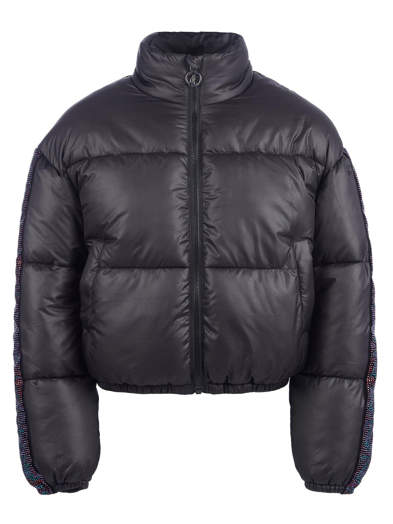 undefined Girls Diamante Stripe Short Padded Coat - Black
