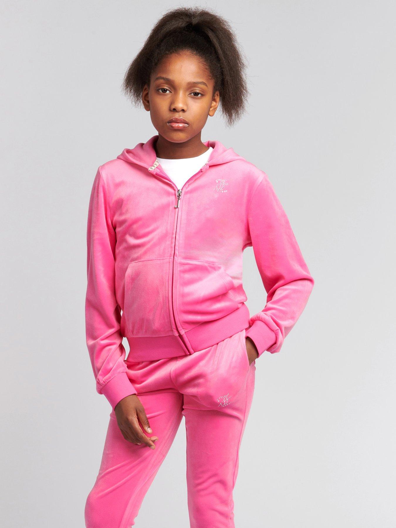 Juicy Couture Girls Diamante Velour Zip Through Hoodie - Pink