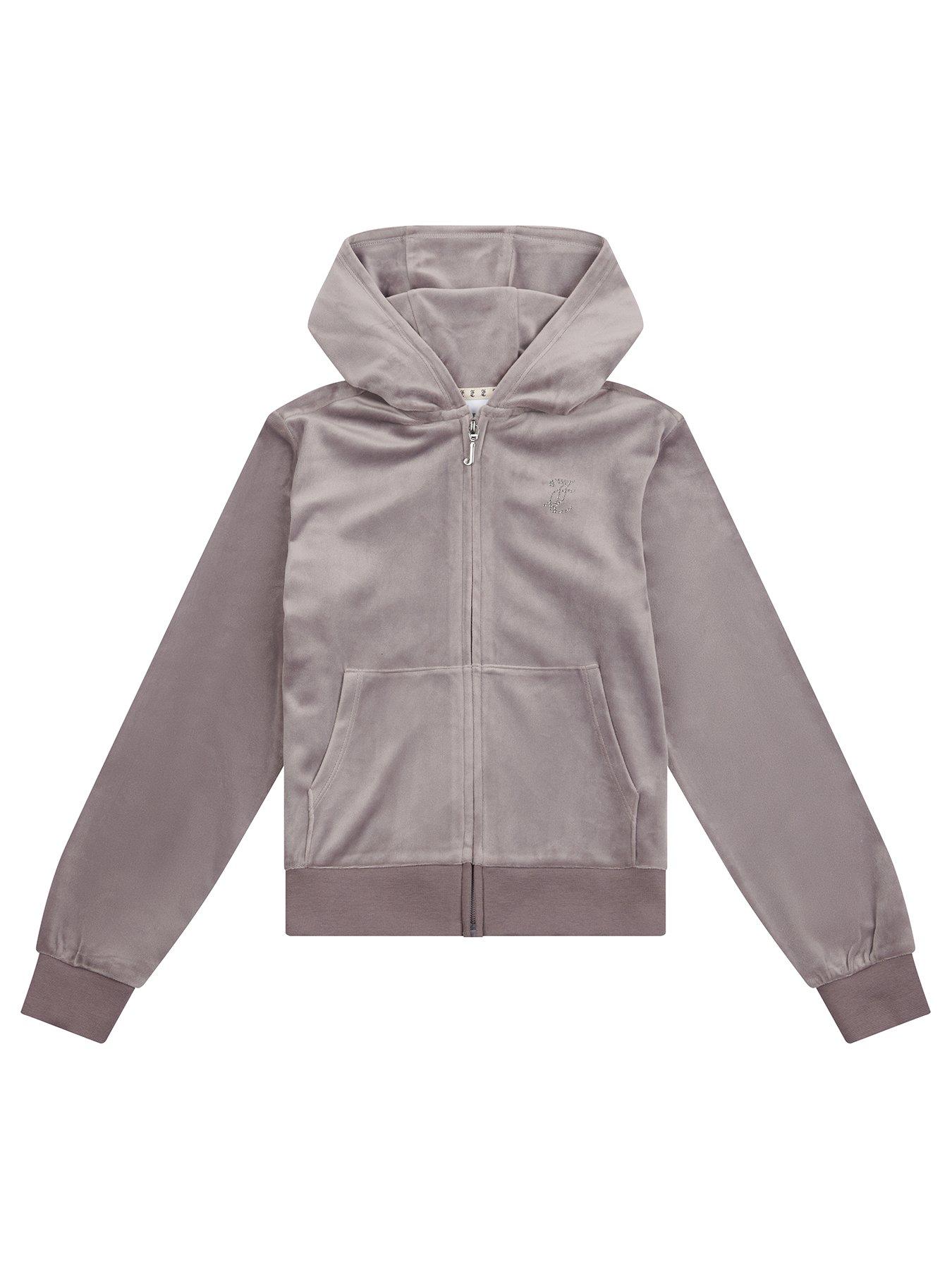 undefined Girls Diamante Velour Zip Through Hoodie - Grey