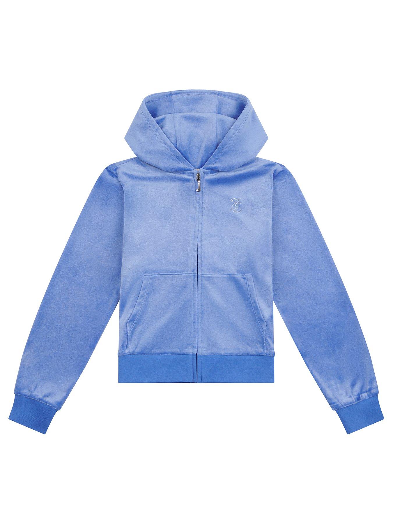 undefined Girls Diamante Velour Zip Through Hoodie - Blue