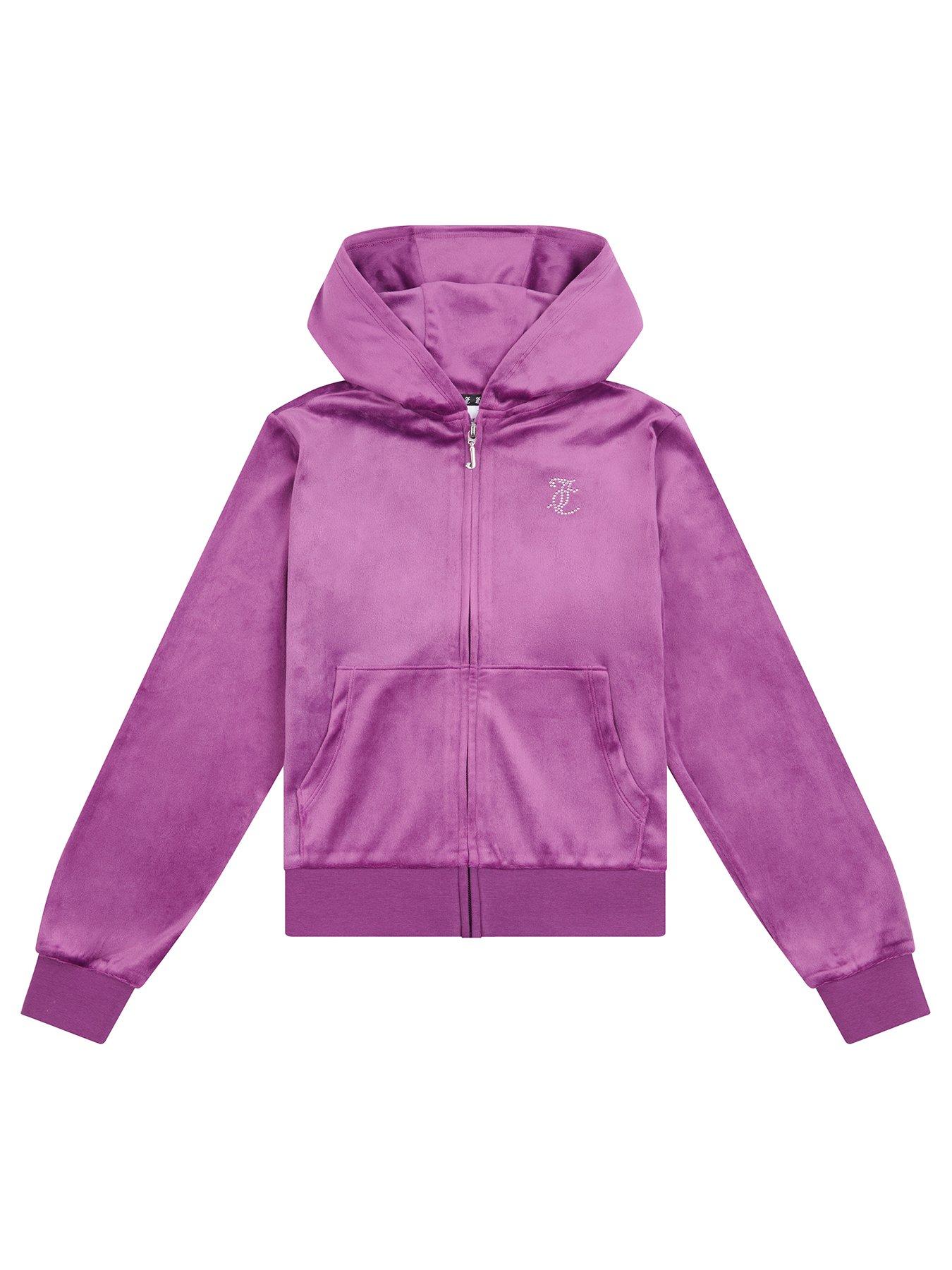 undefined Girls Diamante Velour Zip Through Hoodie - Purple
