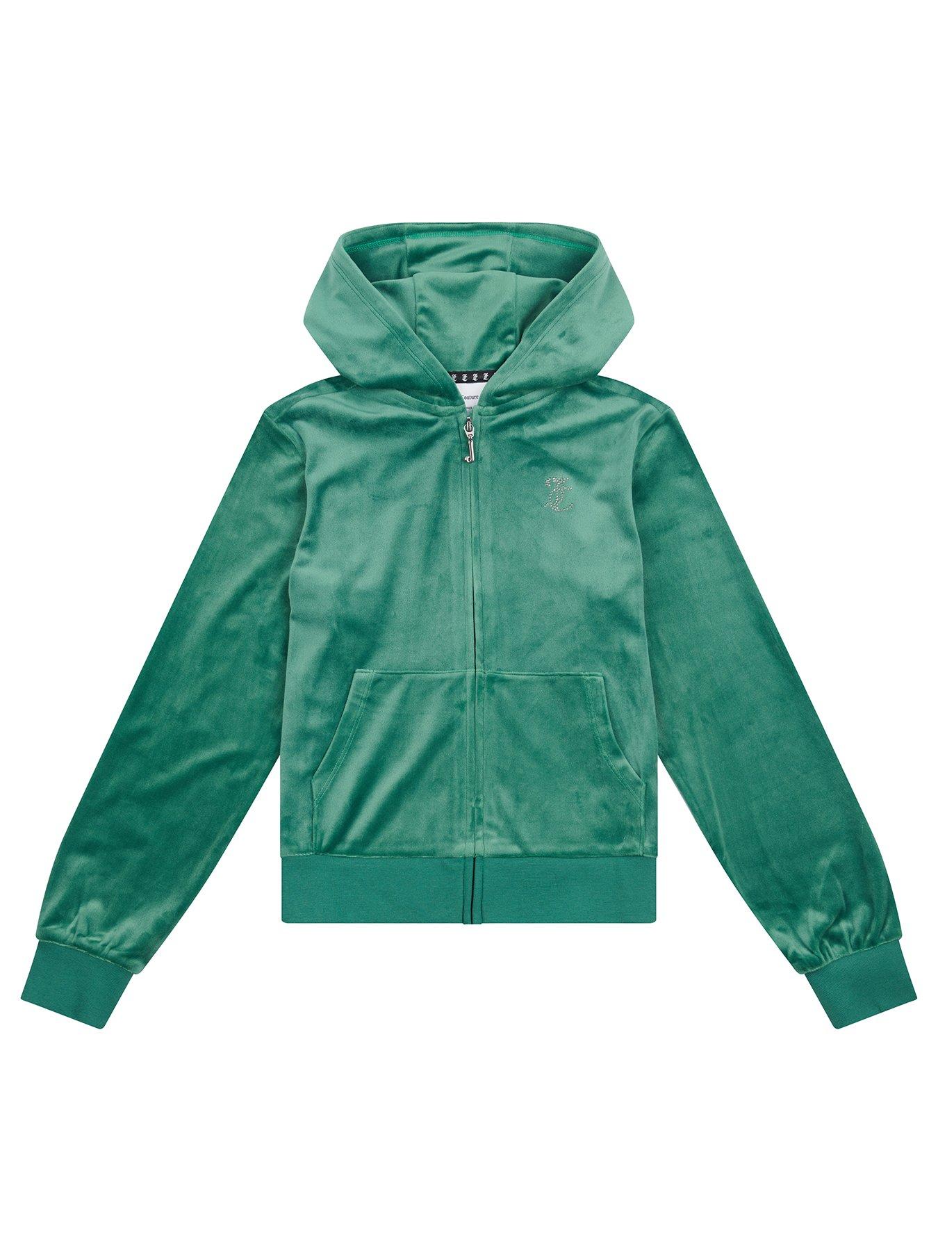 undefined Girls Diamante Velour Zip Through Hoodie - Green