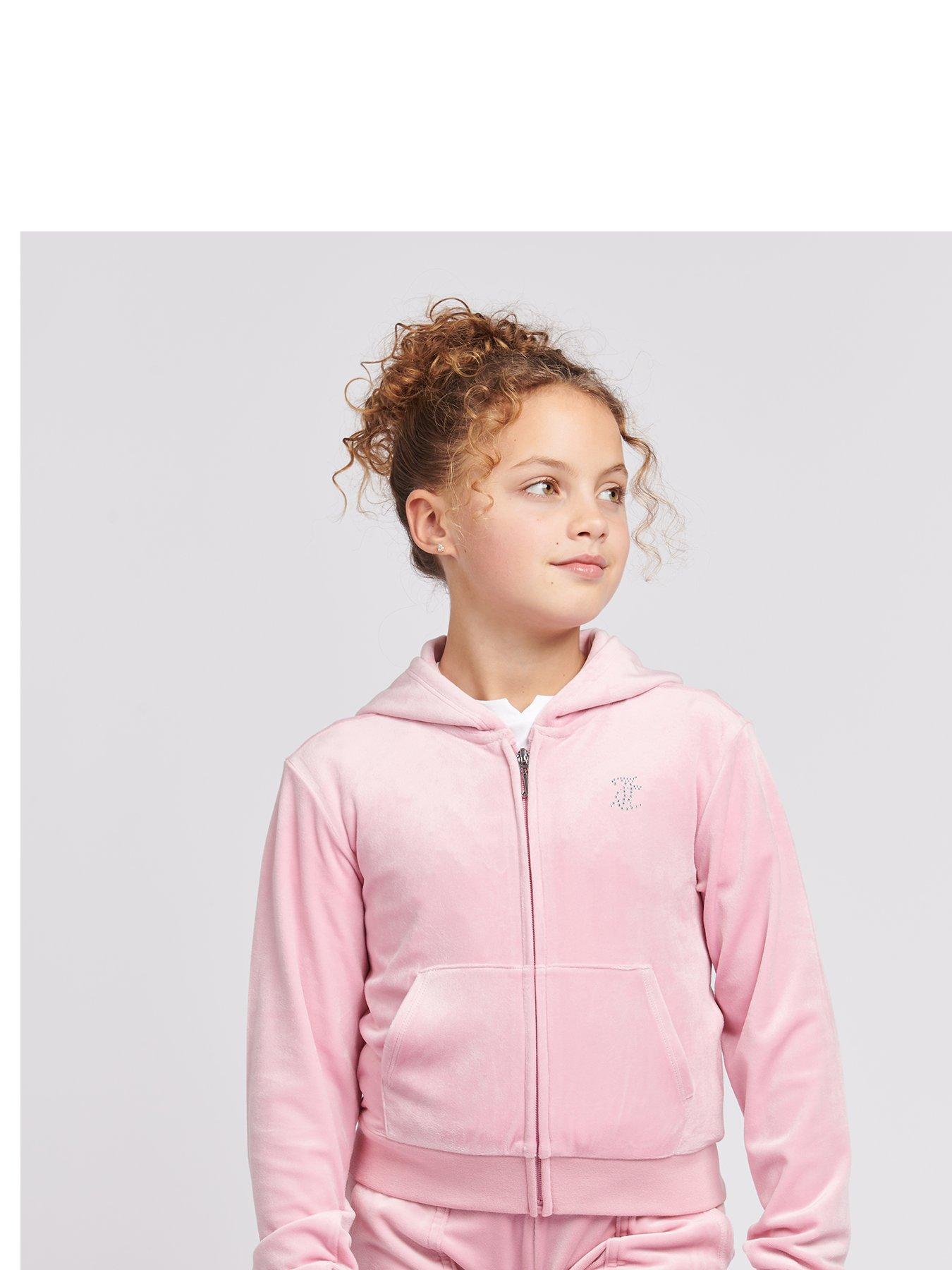 undefined Girls Mini Diamante Velour Zip Through Hoodie - Light Pink
