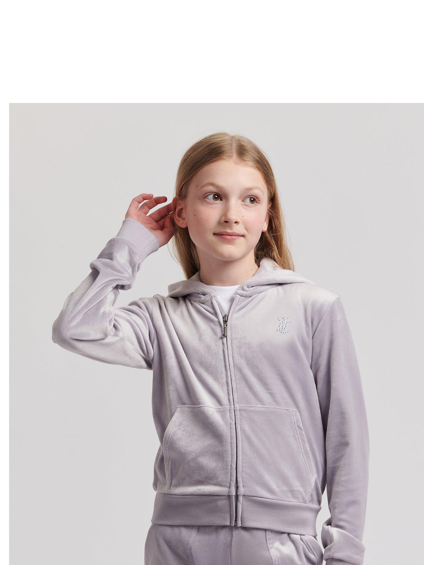 undefined Girls Mini Diamante Velour Zip Through Hoodie - Grey