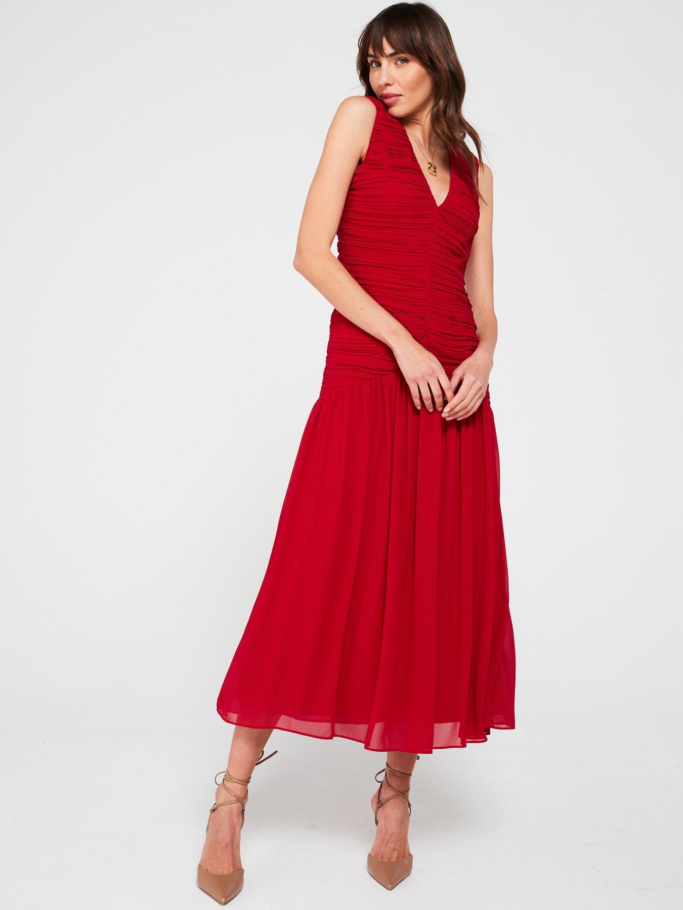 undefined Ruched Drop Hem Midi Dress - Red