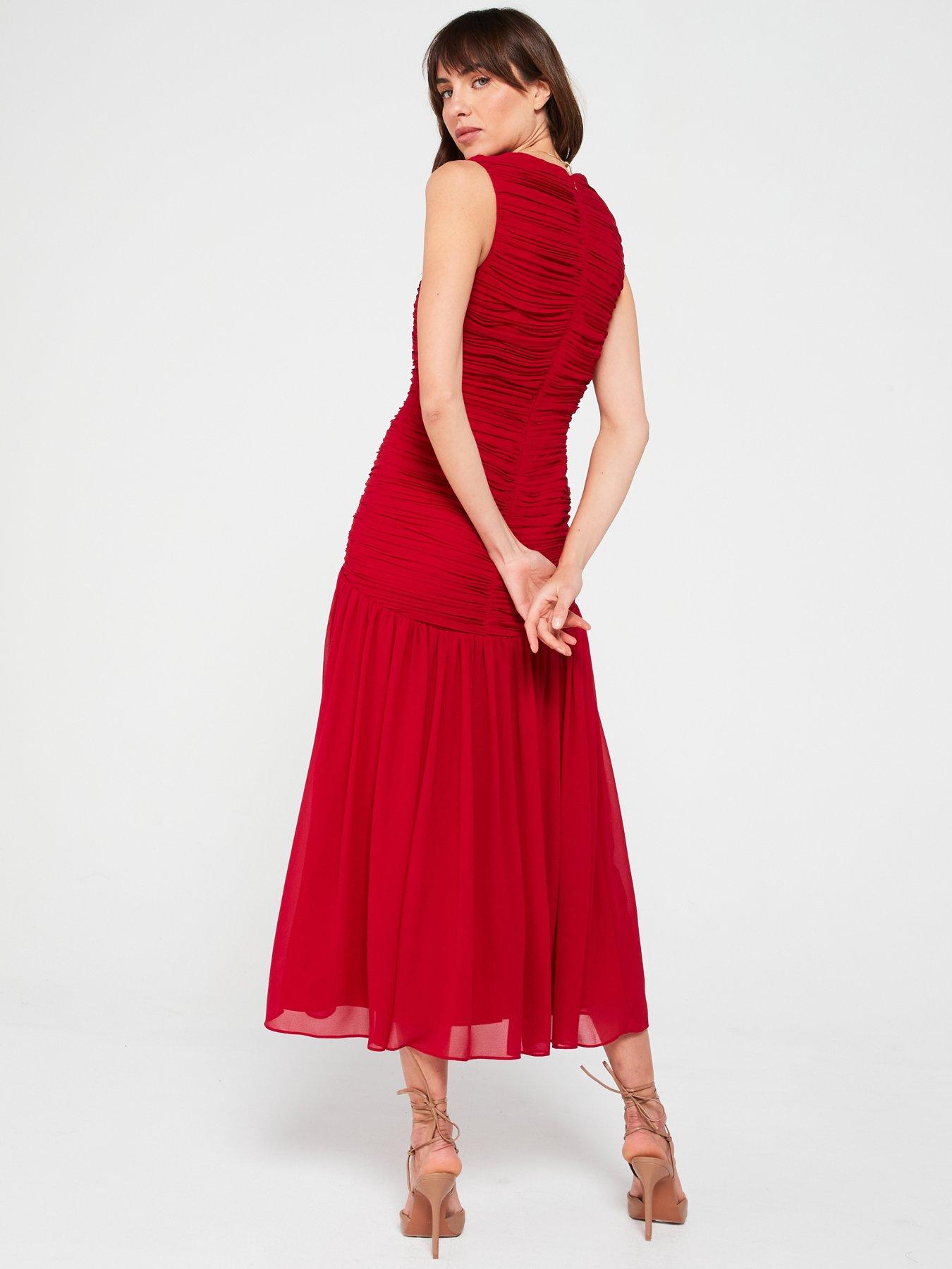  image of v-by-very-ruched-drop-hem-midi-dress-red