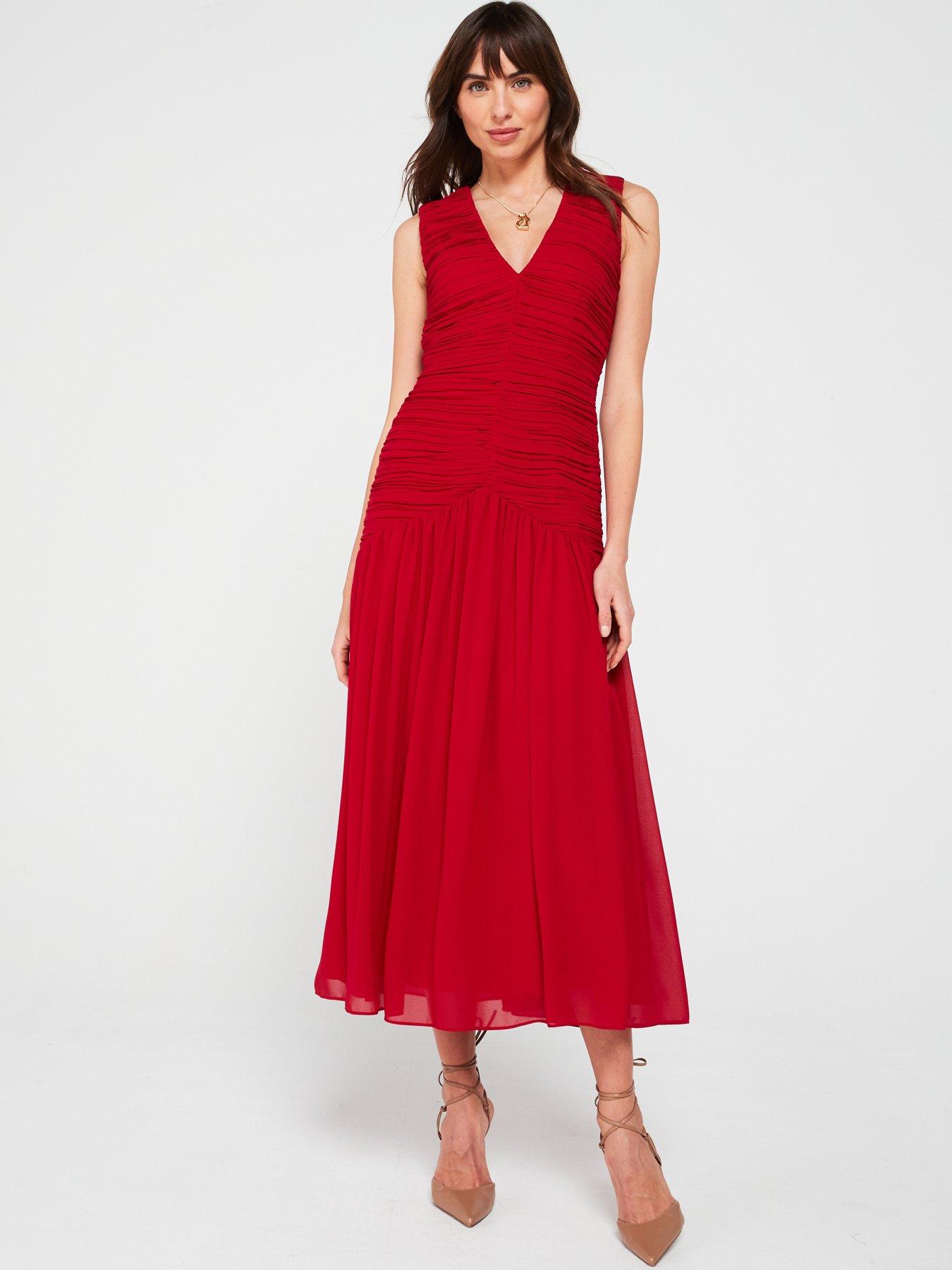  image of v-by-very-ruched-drop-hem-midi-dress-red