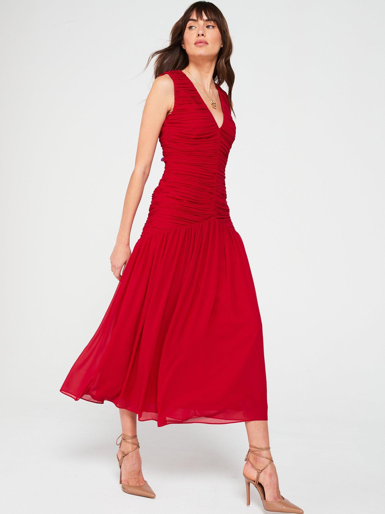  image of v-by-very-ruched-drop-hem-midi-dress-red