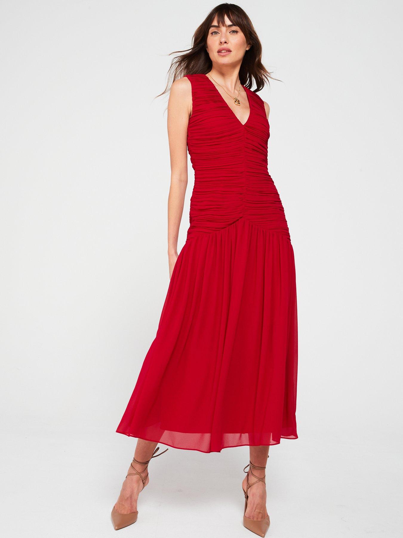  image of v-by-very-ruched-drop-hem-midi-dress-red
