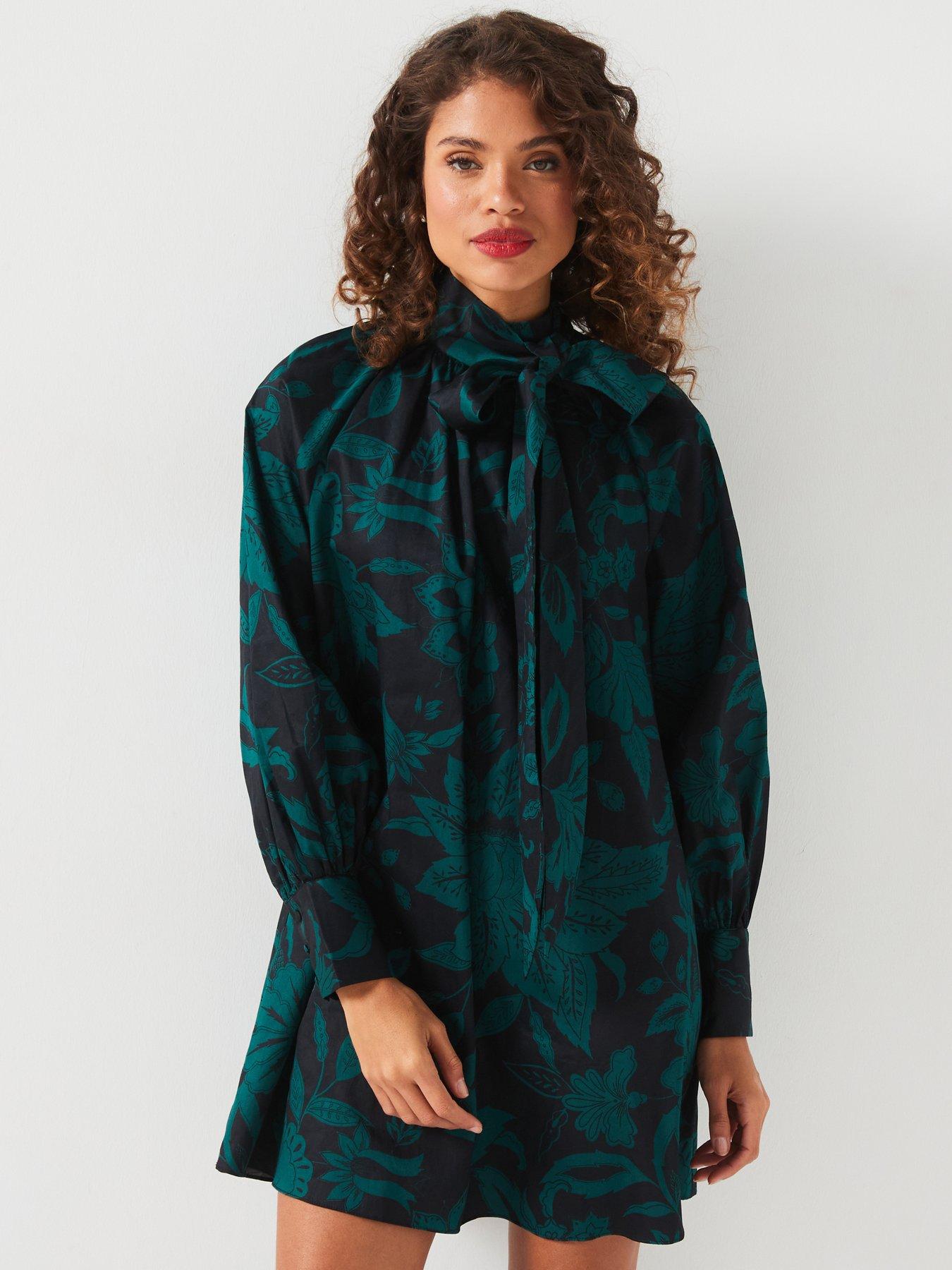 undefined Pussybow Printed Smock Dress - Green Print
