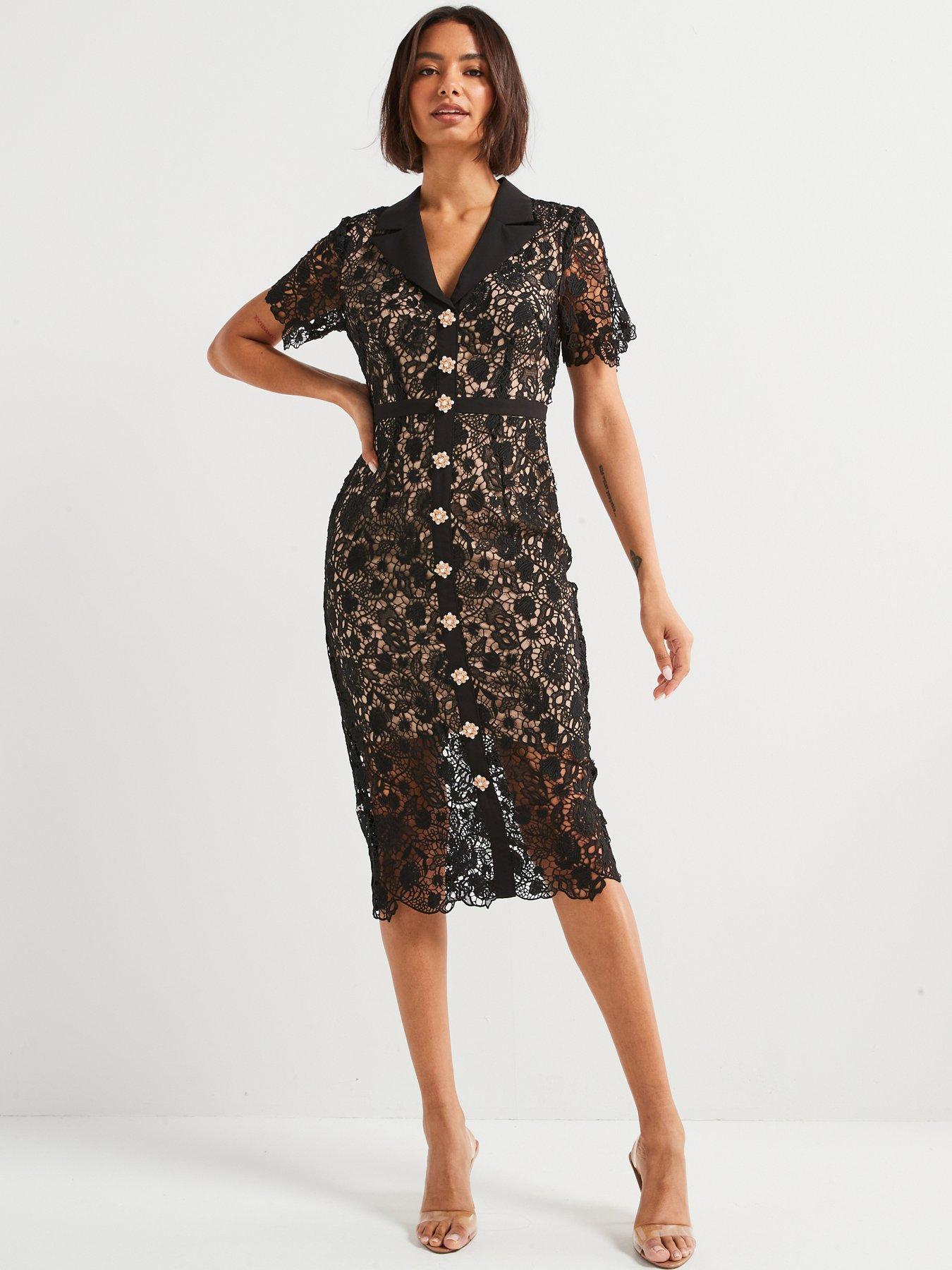 Image 4 of 5 of V by Very Guipure Lace Pencil Dress - Black
