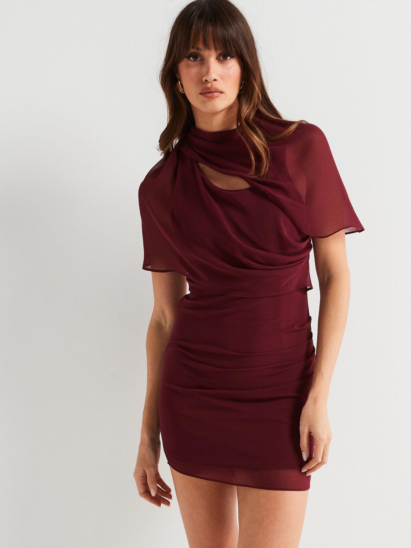 undefined Ruched Drape Mini Dress - Wine