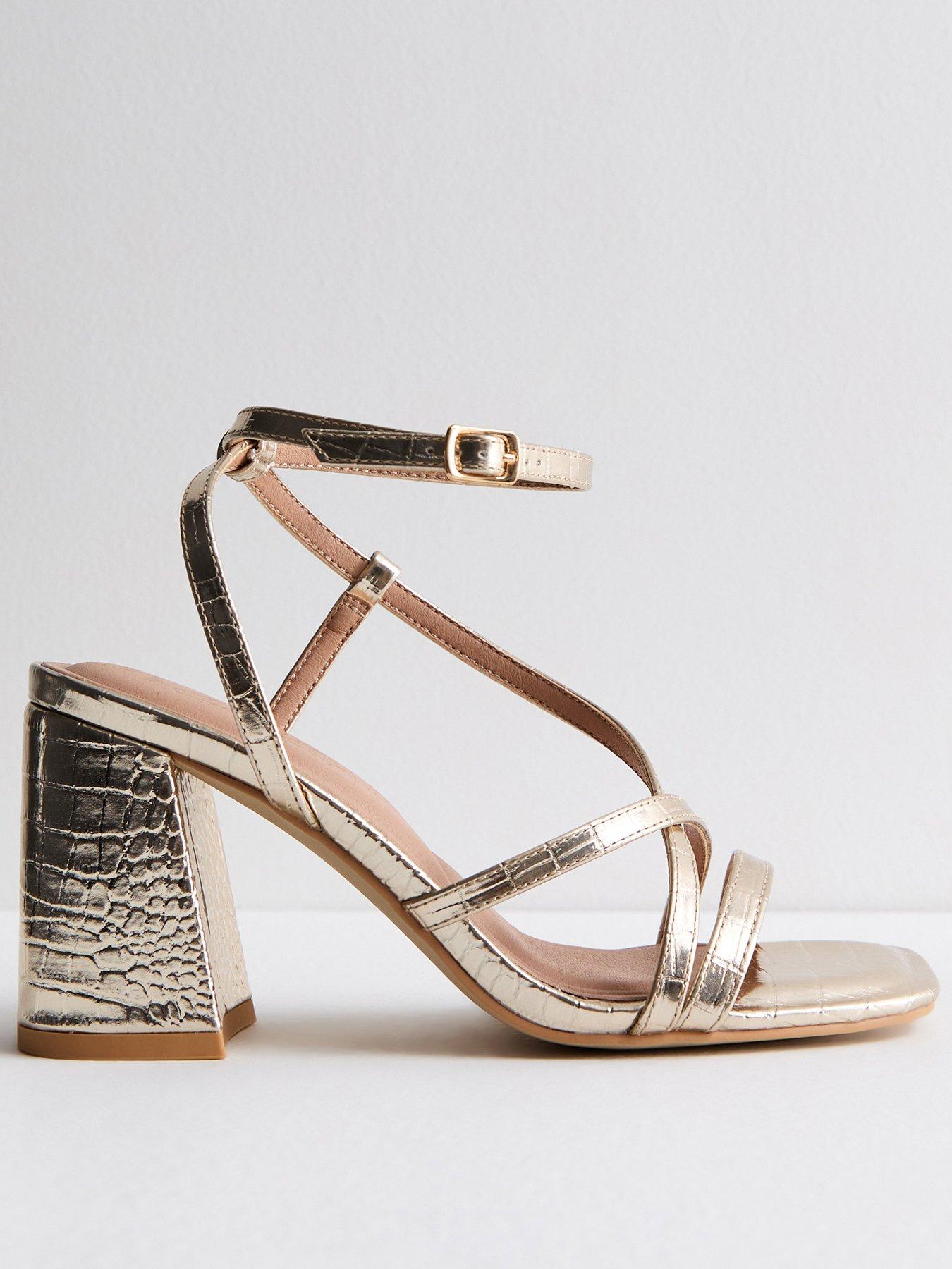 New Look Wide Fit Gold Faux Croc Multi Strap Block Heel Sandals
