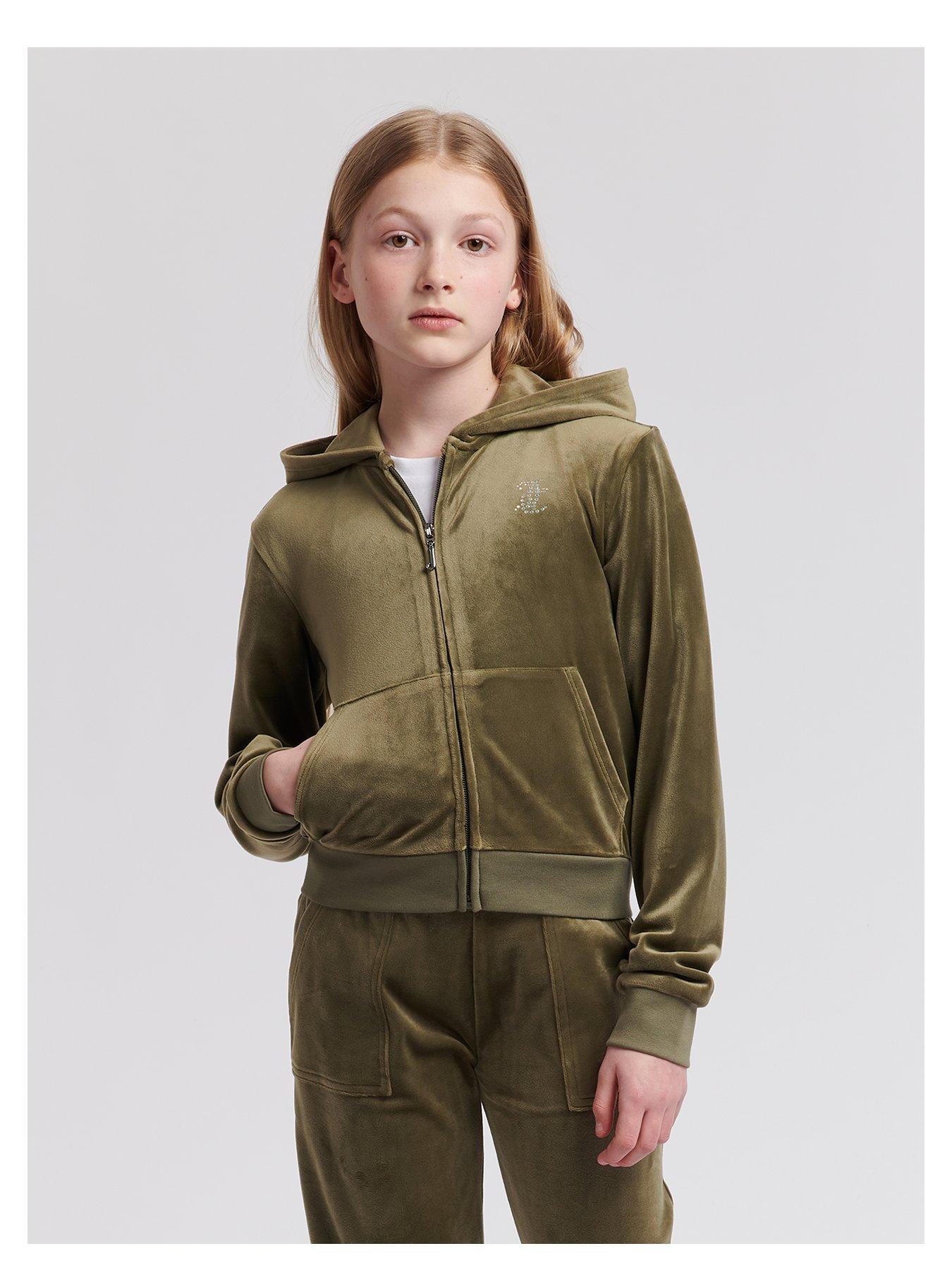 undefined Girls Mini Diamante Velour Zip Through Hoodie - Khaki