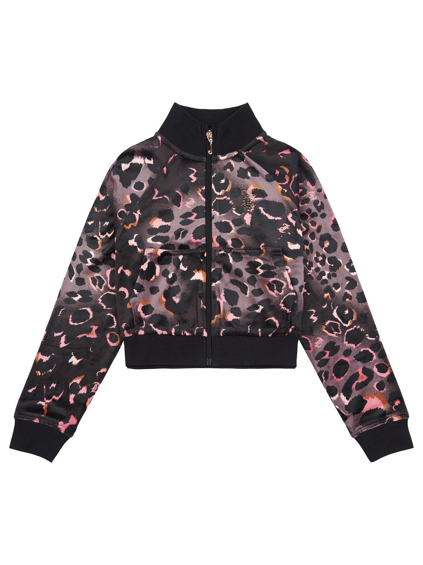 undefined Girls Velour Leopard Print Zip Through Top - Black