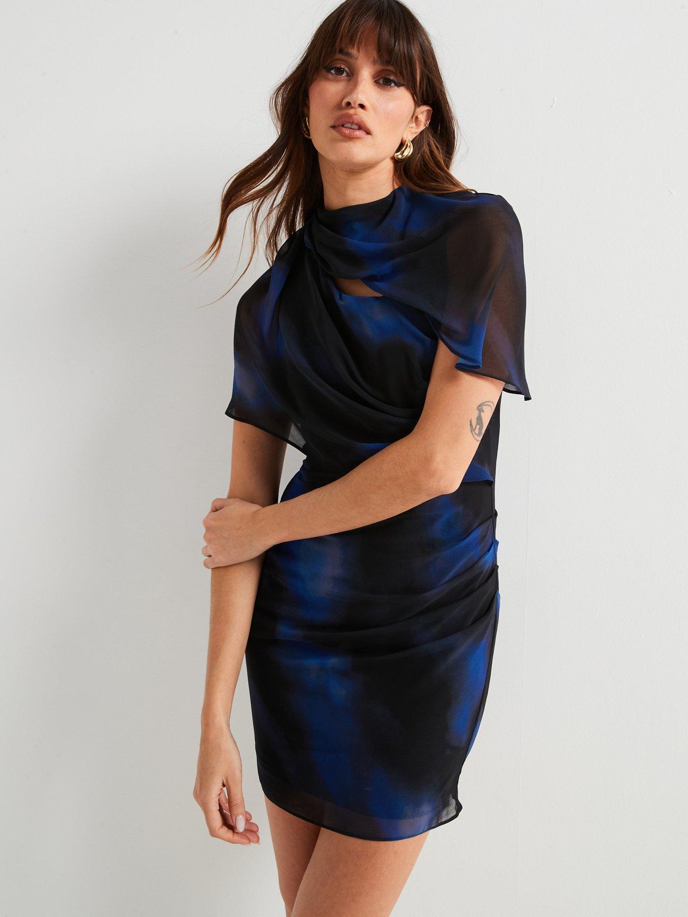 undefined Ruched Drape Mini Dress Print - Blue Print