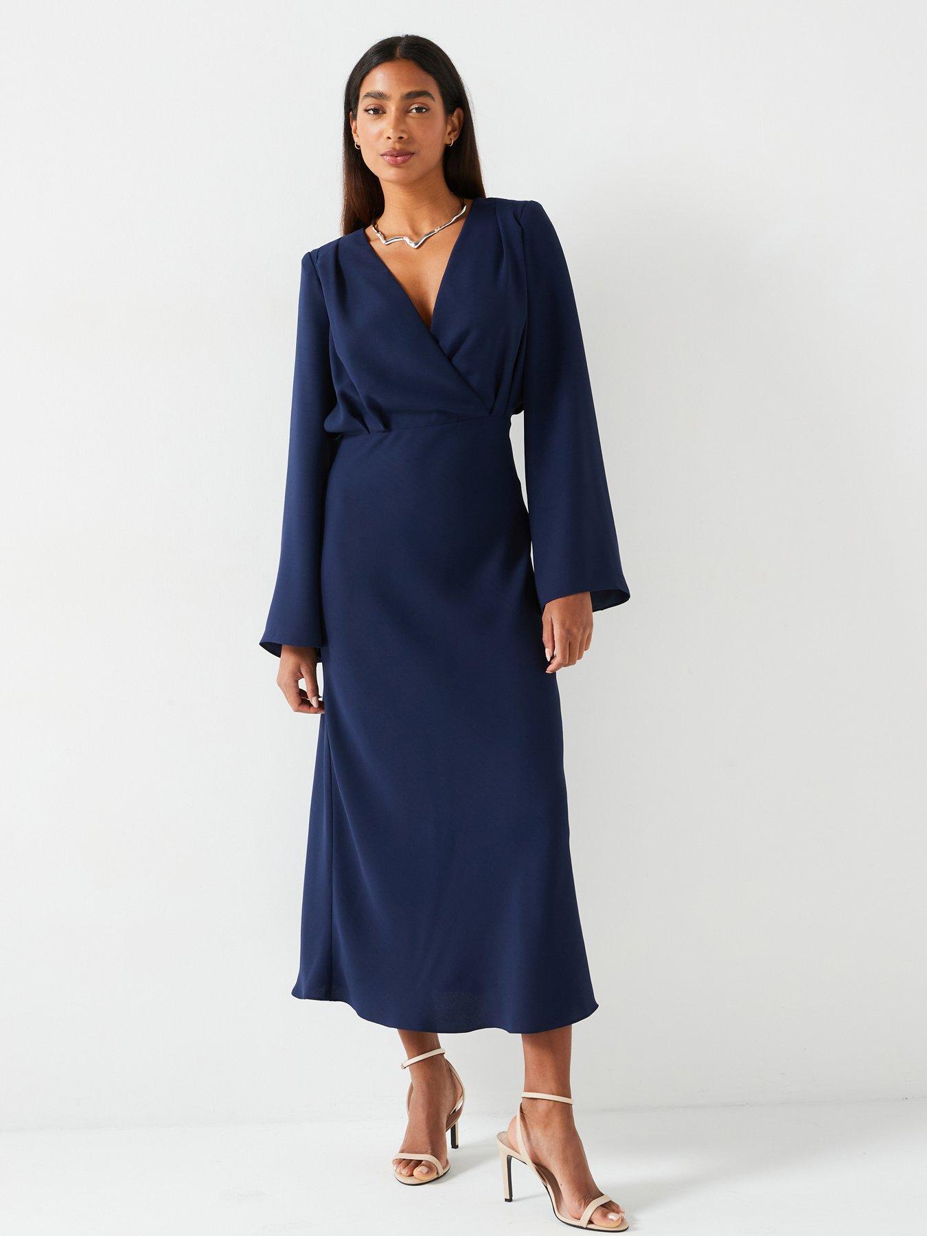 V by Very Fluted Sleeve Column Midi Dress Navy Littlewoods