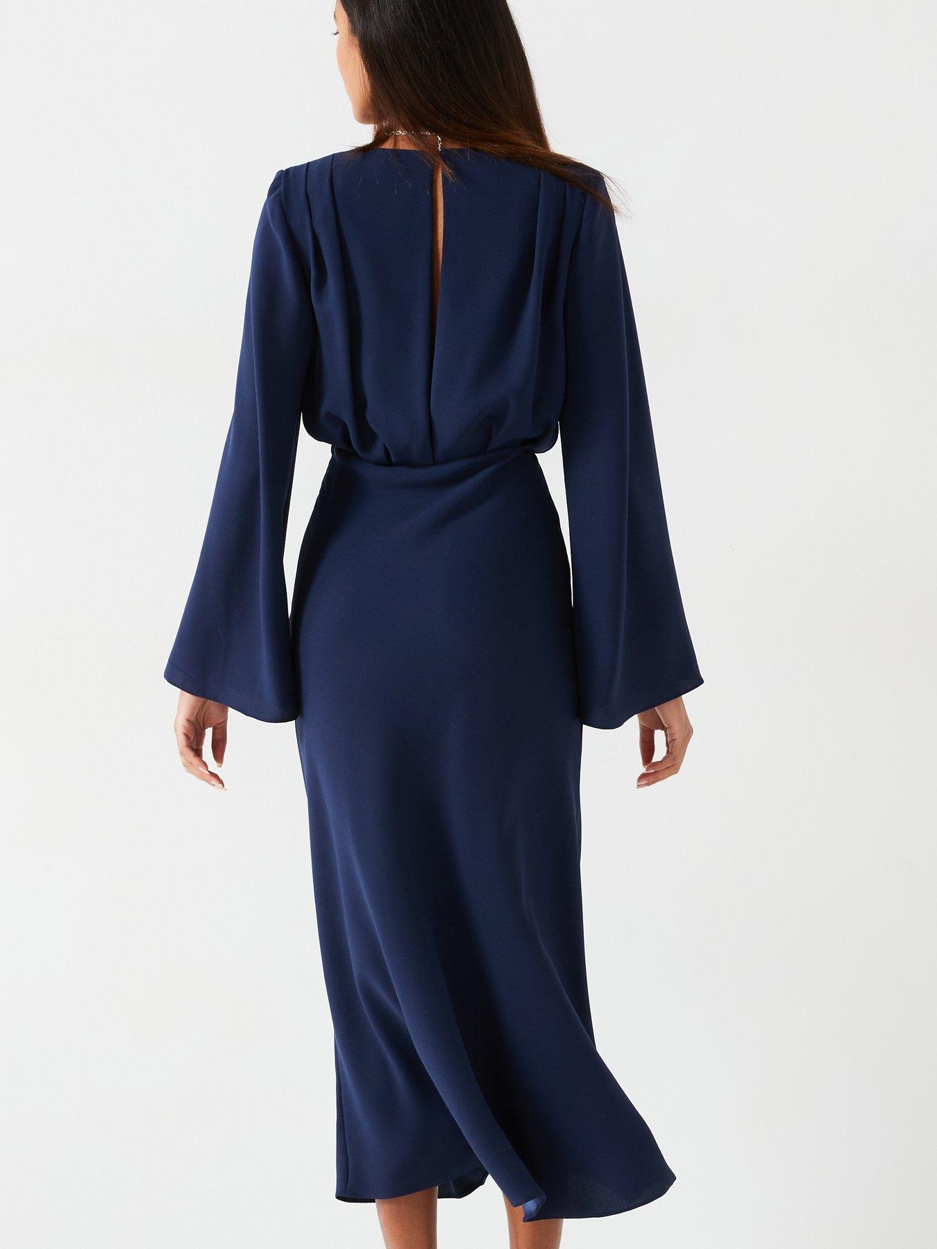 V by Very Fluted Sleeve Column Midi Dress - Navy | Littlewoods