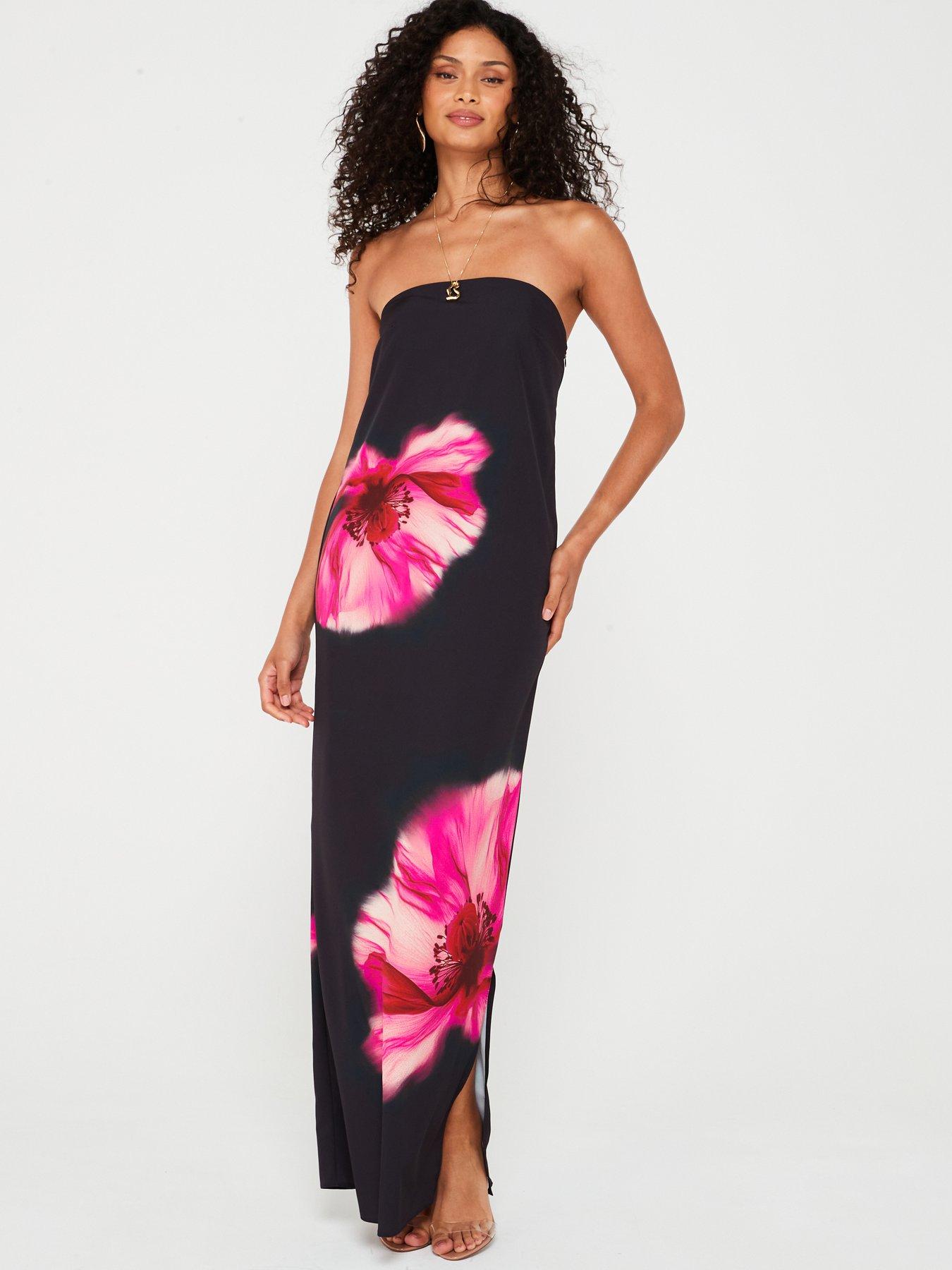 undefined Floral Print Bandeau Maxi Dress - Black/Pink