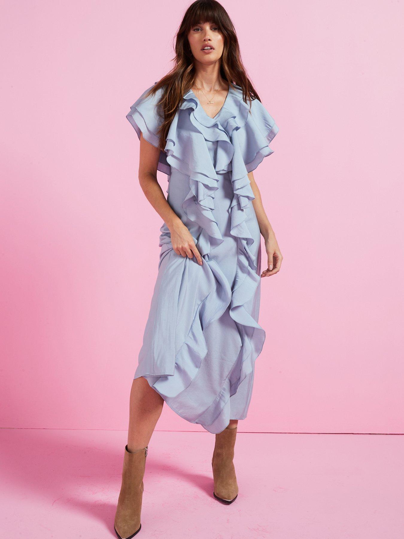 undefined Soft Ruffle V Neck Midaxi Dress - Blue