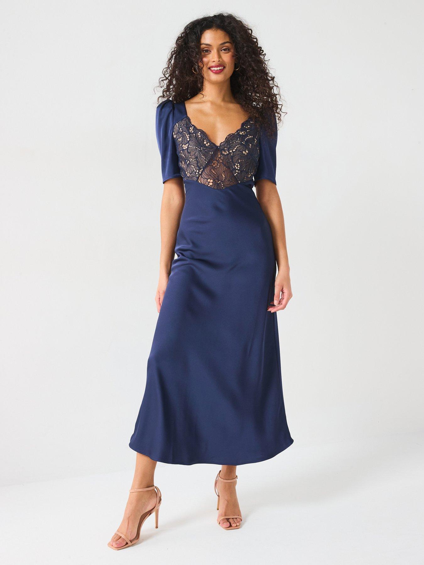 undefined Lace Corset Satin Midaxi Dress - Navy