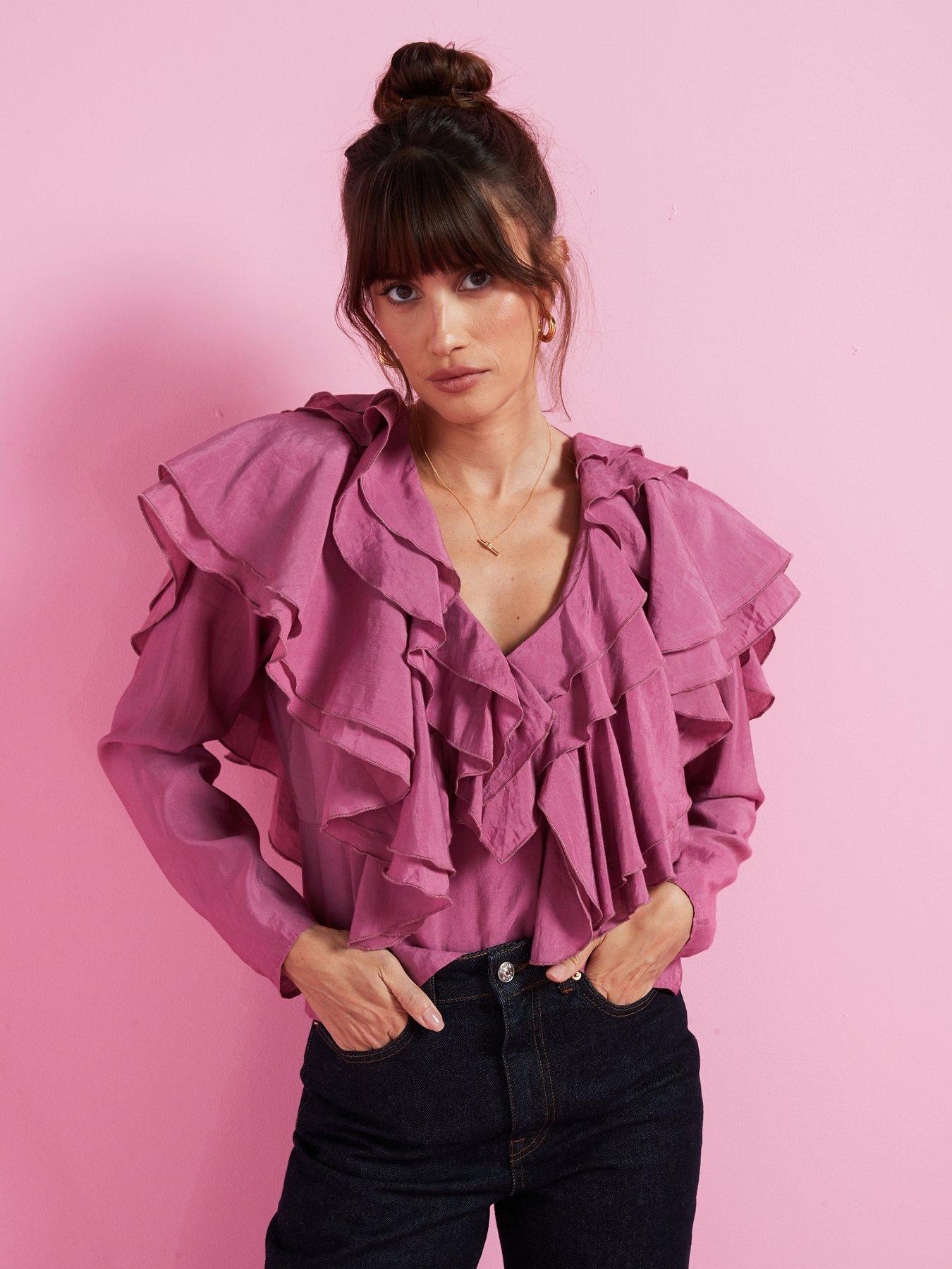 undefined Soft Ruffle Long Sleeve Blouse - Pink