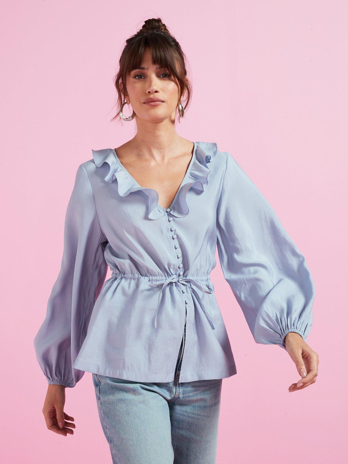 undefined Tie Waist Ruffle Neck Blouse - Blue