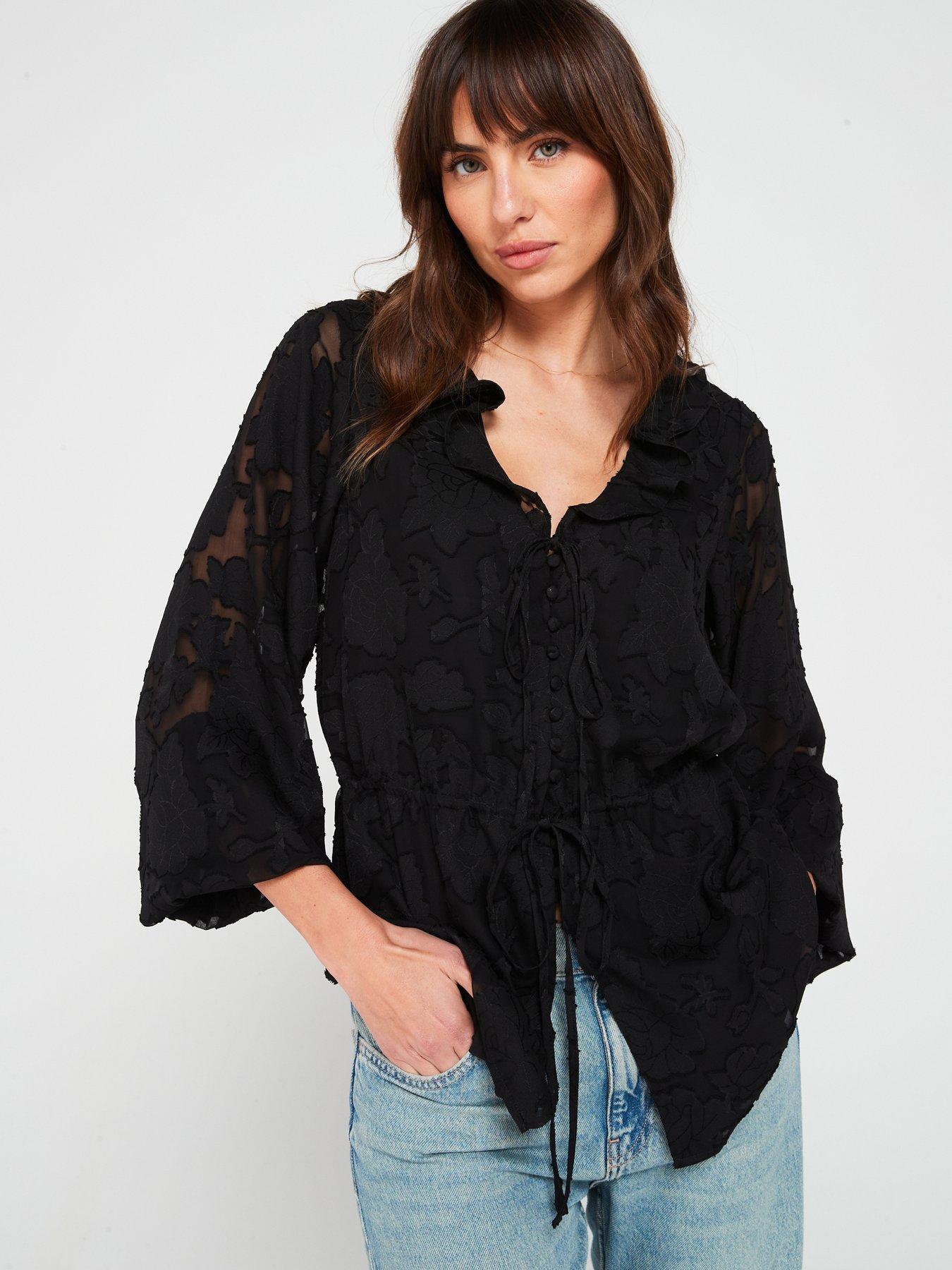 undefined Floral Jacquard Peplum Blouse - Black