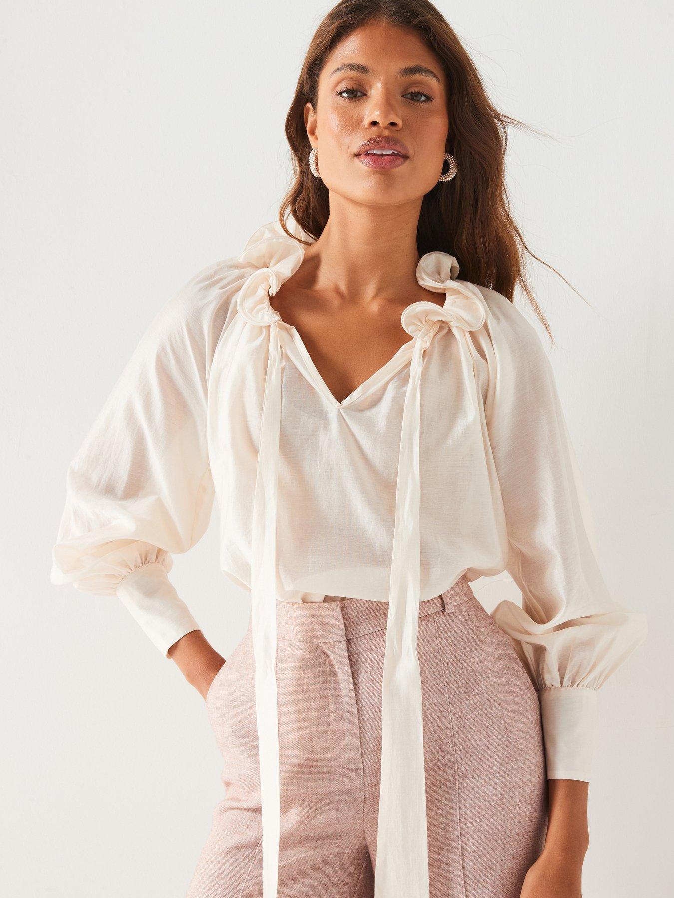undefined Ruffle Neck Blouson Blouse - Cream