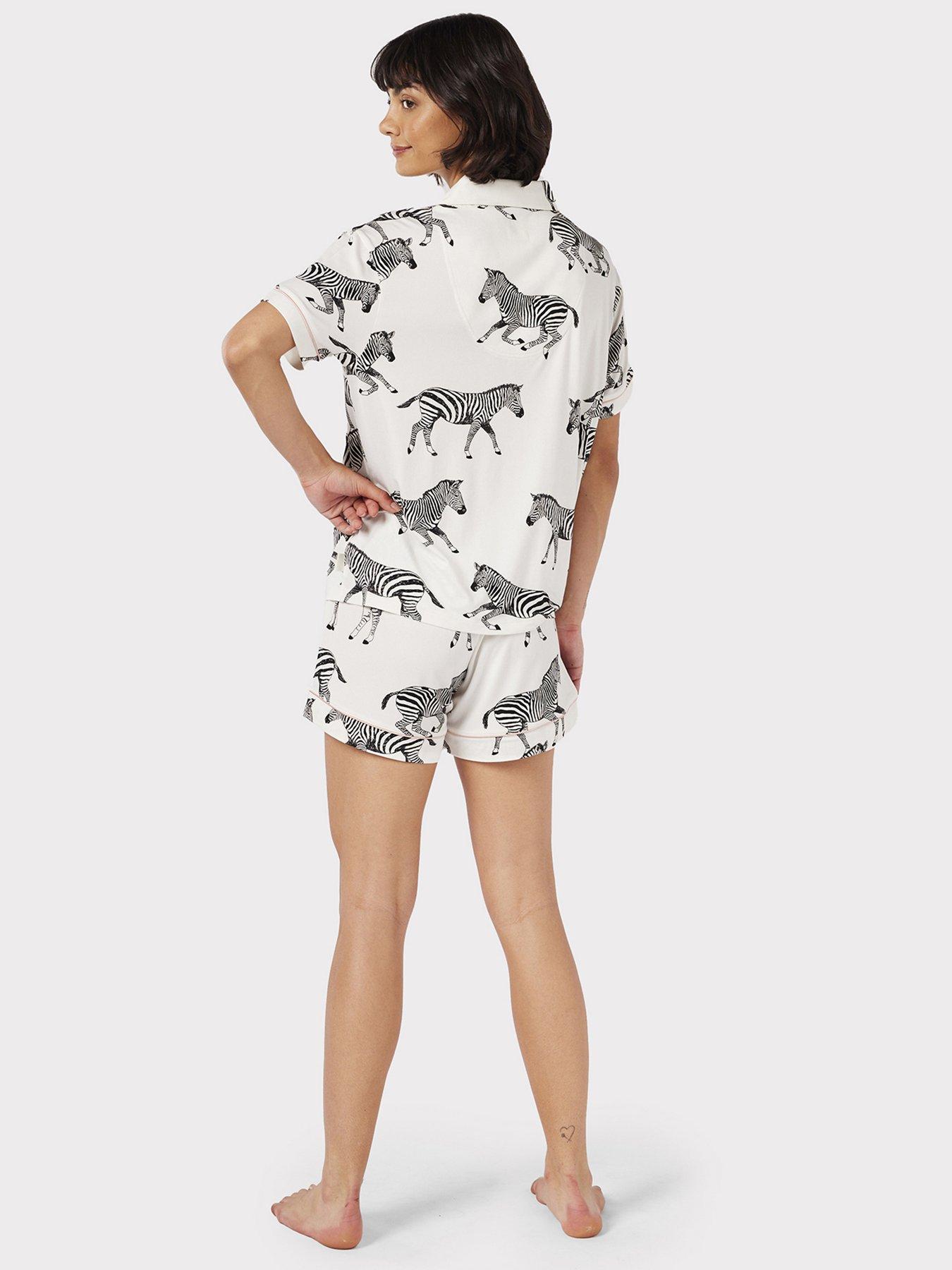 Image 2 of 6 of CHELSEA PEERS White Zebra Print V-neck Button Up Short Pyjama Set - White