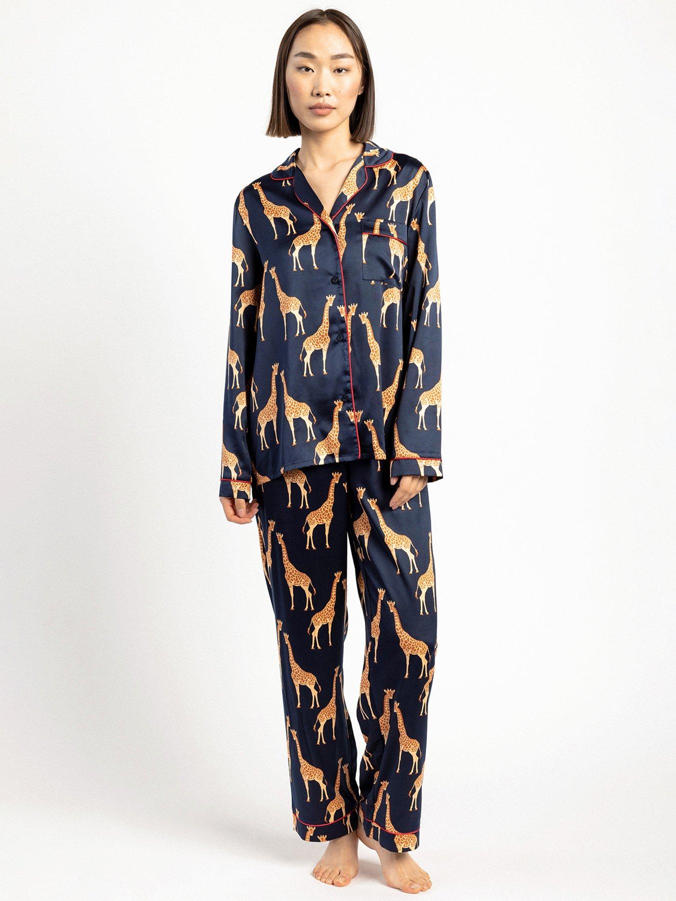 undefined Navy Satin Giraffe Button Up Pyjama Set - Navy
