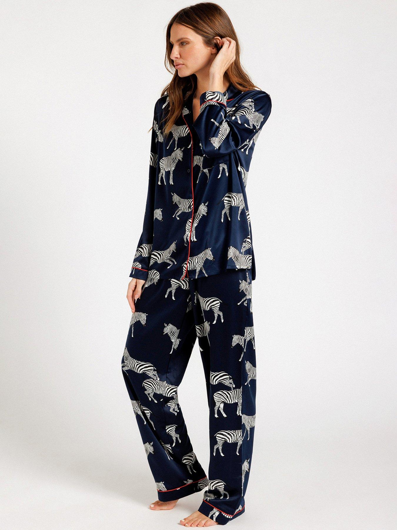 Image 2 of 5 of CHELSEA PEERS Navy Zebra Satin Button Up Pyjama Set - Navy