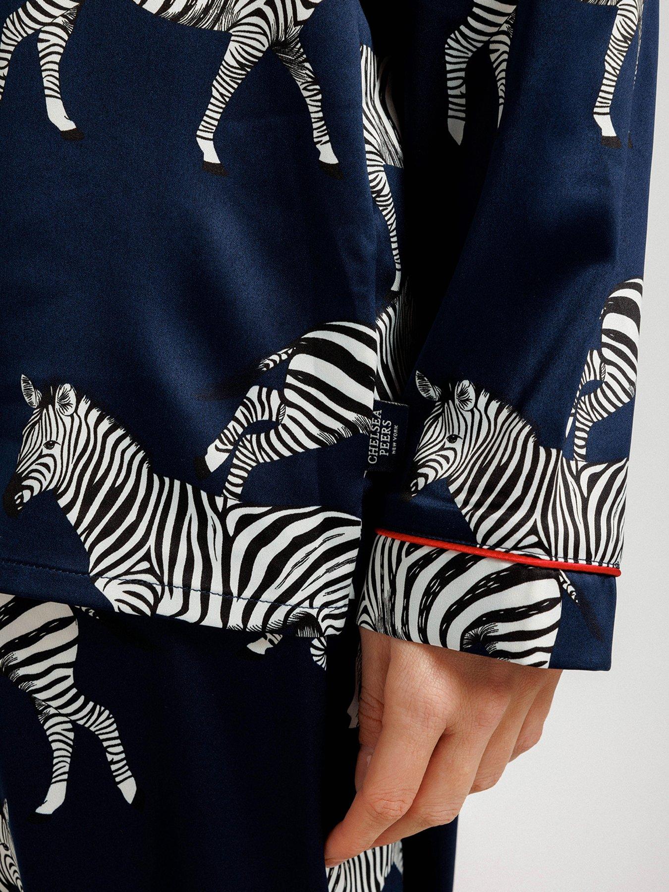 Image 5 of 5 of CHELSEA PEERS Navy Zebra Satin Button Up Pyjama Set - Navy