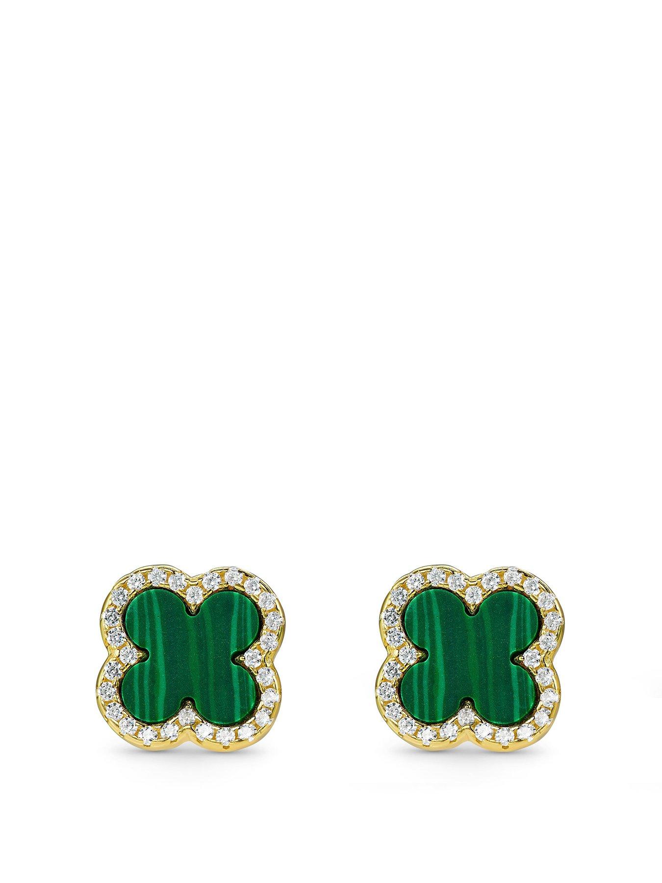  image of beaverbrooks-yellow-gold-plated-cubic-zirconia-malachite-clover-stud-earrings