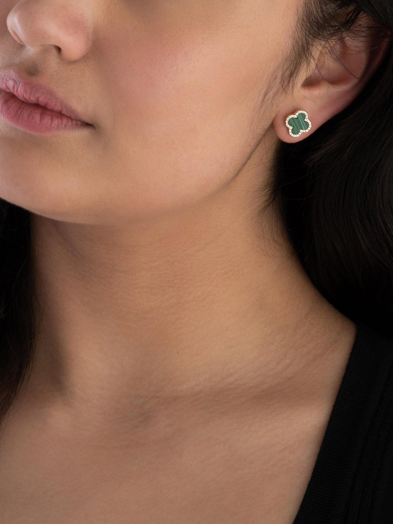  image of beaverbrooks-yellow-gold-plated-cubic-zirconia-malachite-clover-stud-earrings
