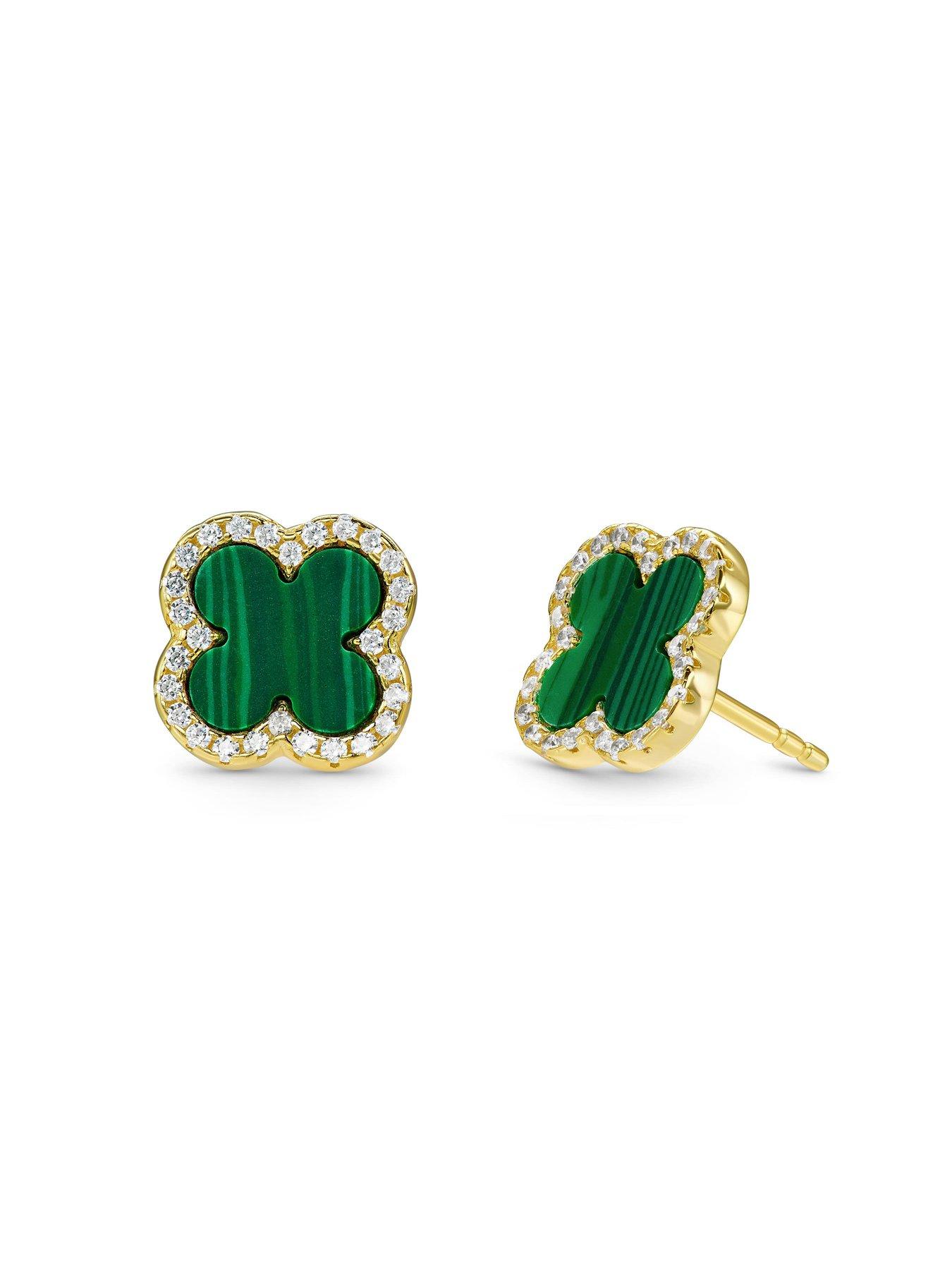  image of beaverbrooks-yellow-gold-plated-cubic-zirconia-malachite-clover-stud-earrings