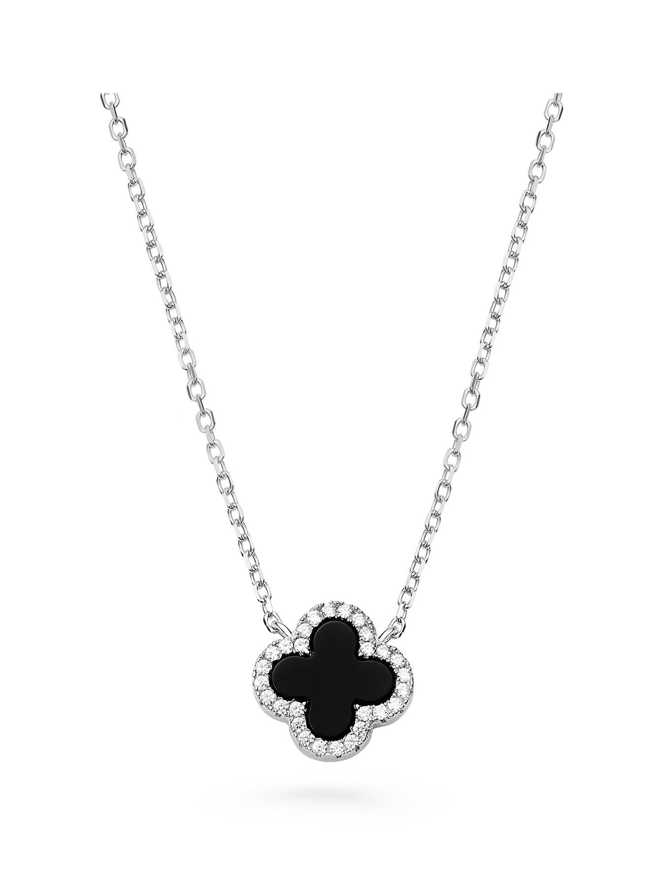  image of beaverbrooks-silver-cubic-zirconia-onyx-clover-necklace
