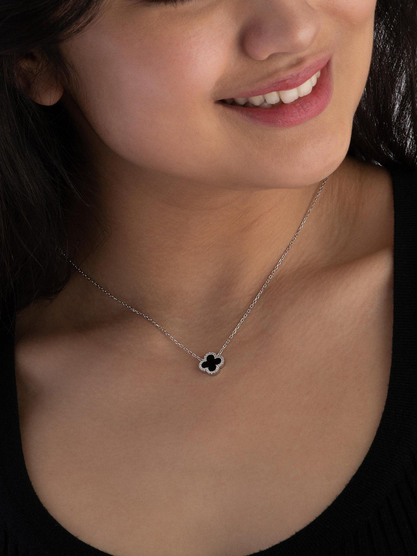  image of beaverbrooks-silver-cubic-zirconia-onyx-clover-necklace