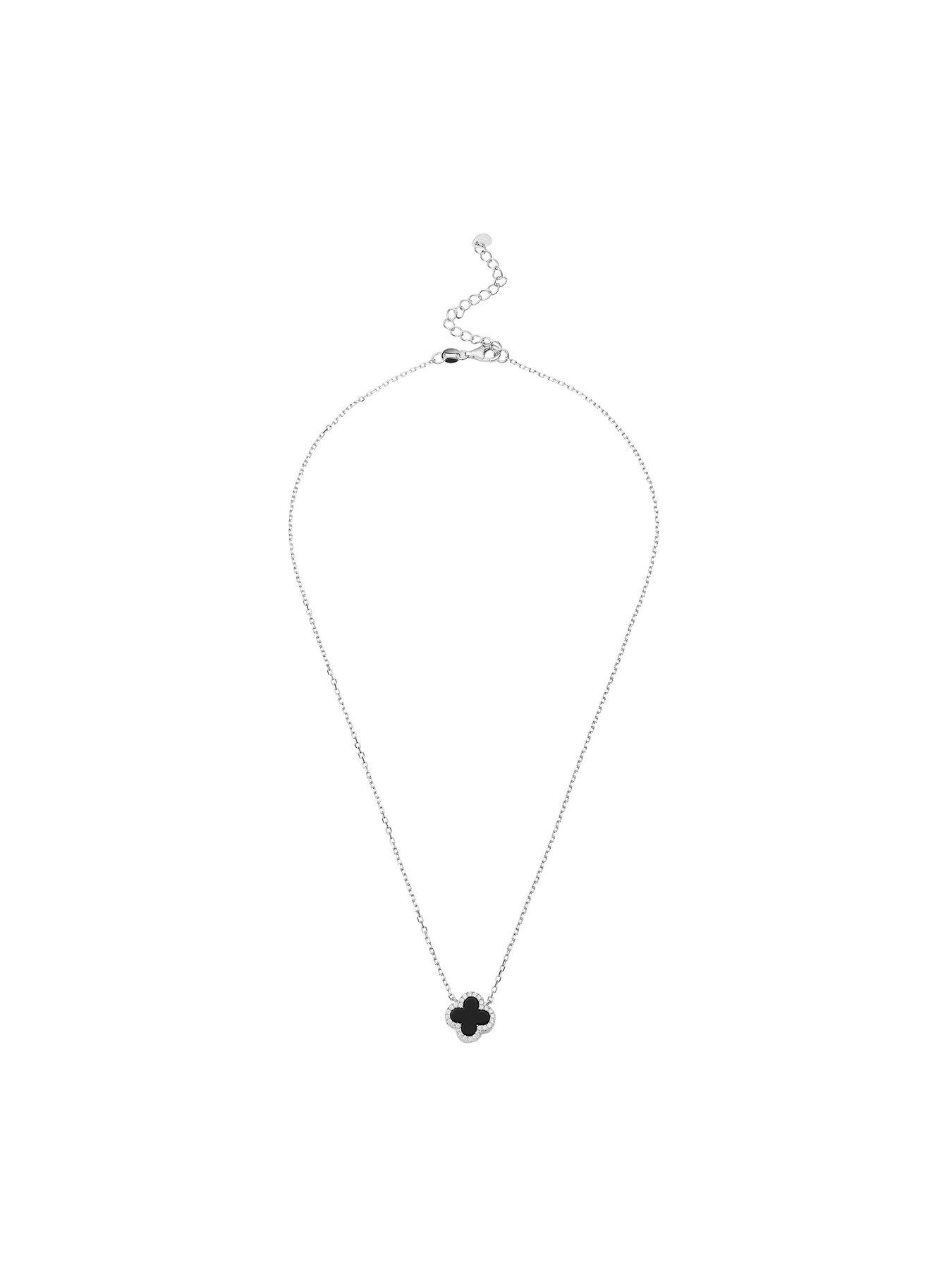  image of beaverbrooks-silver-cubic-zirconia-onyx-clover-necklace