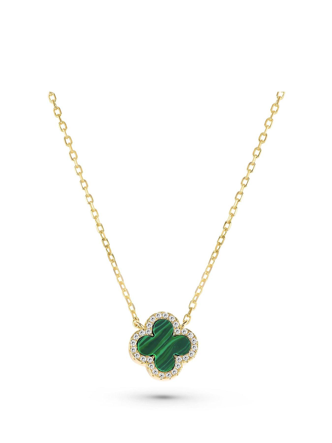  image of beaverbrooks-yellow-gold-plated-cubic-zirconia-malachite-clover-necklace