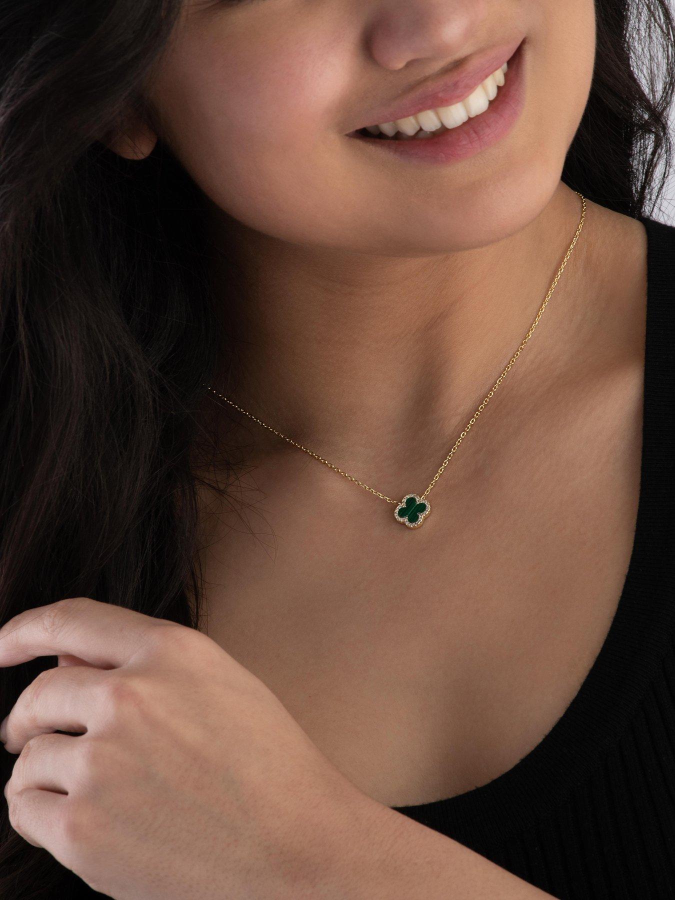  image of beaverbrooks-yellow-gold-plated-cubic-zirconia-malachite-clover-necklace