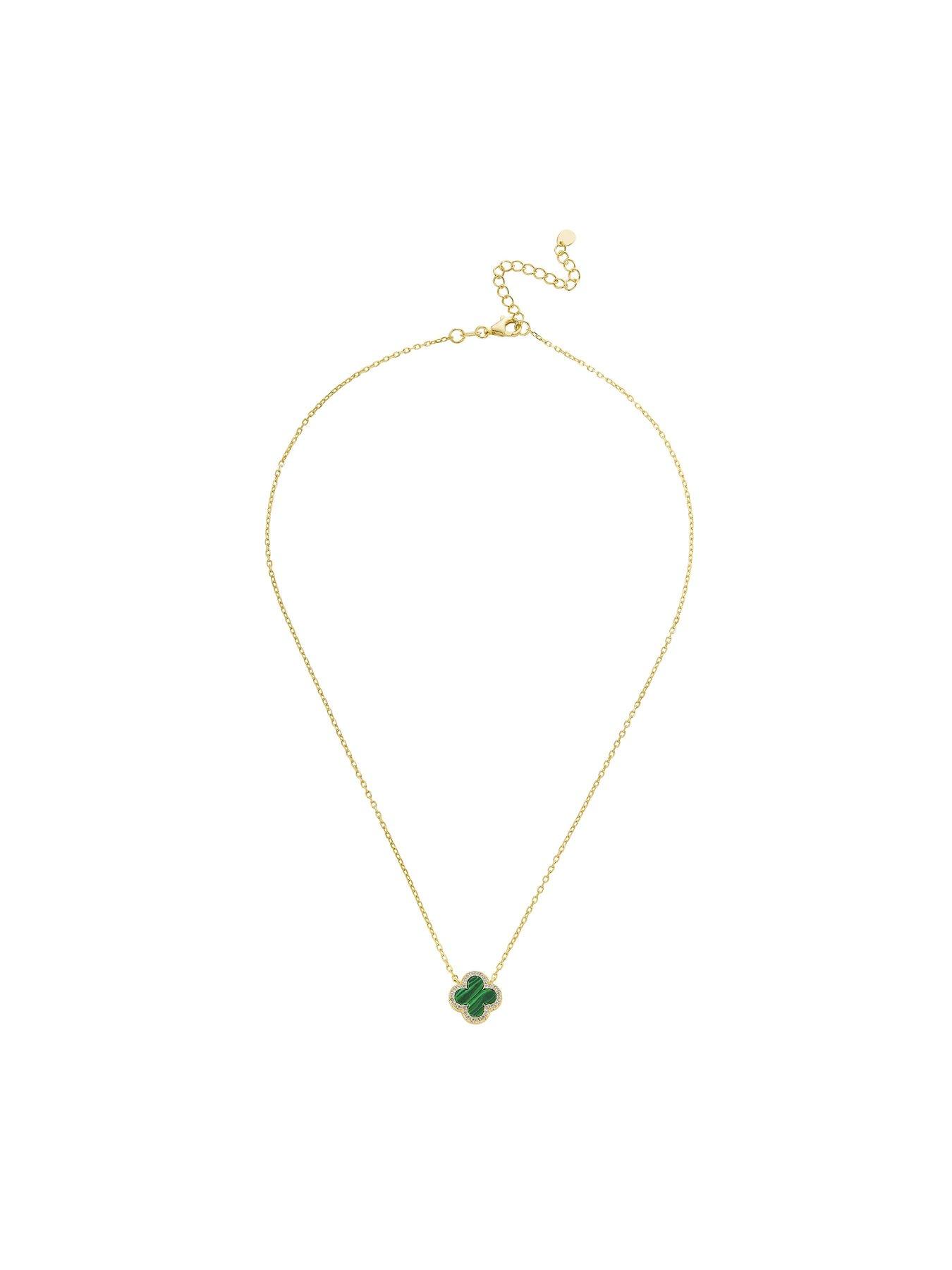  image of beaverbrooks-yellow-gold-plated-cubic-zirconia-malachite-clover-necklace
