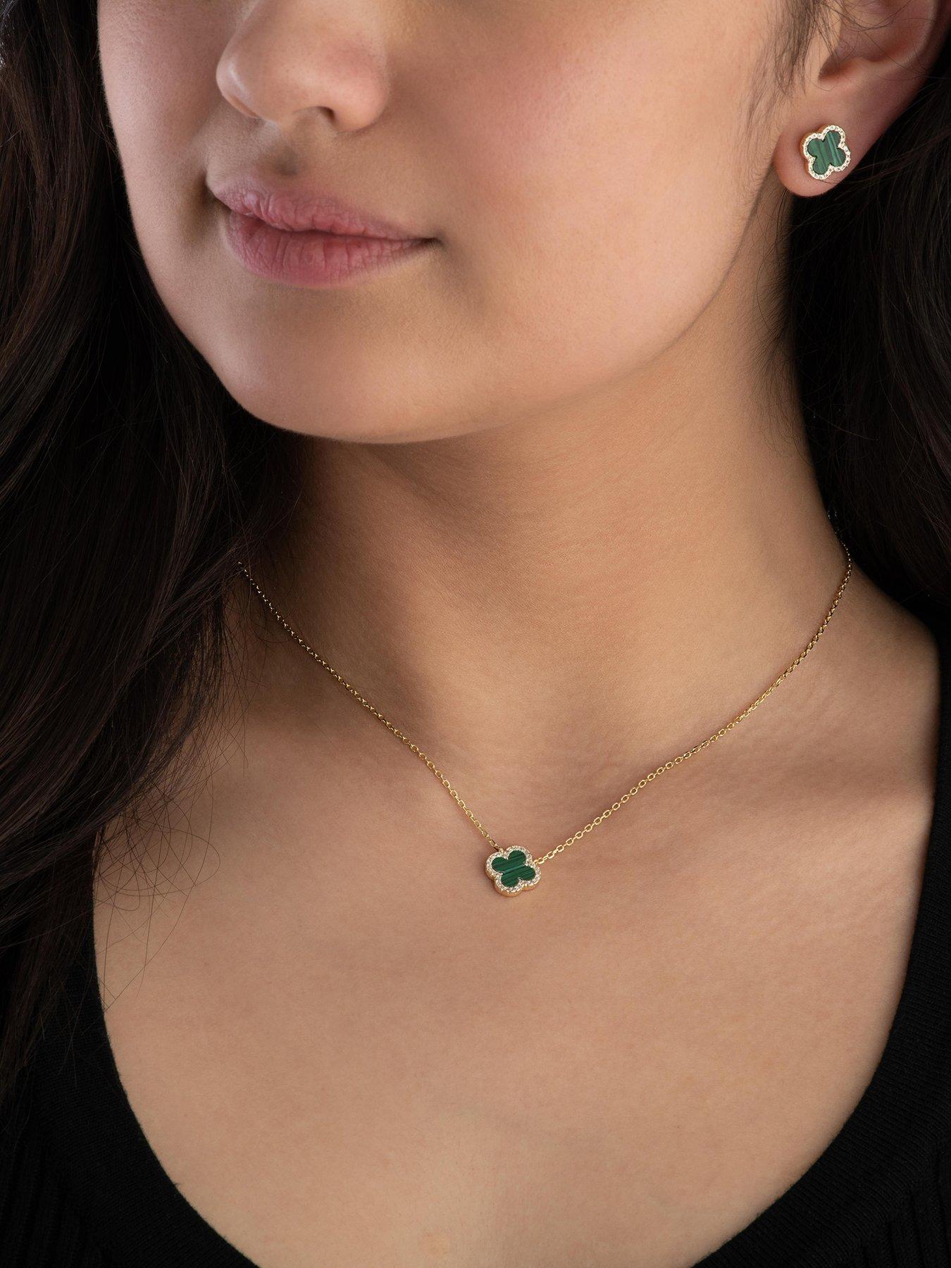  image of beaverbrooks-yellow-gold-plated-cubic-zirconia-malachite-clover-necklace