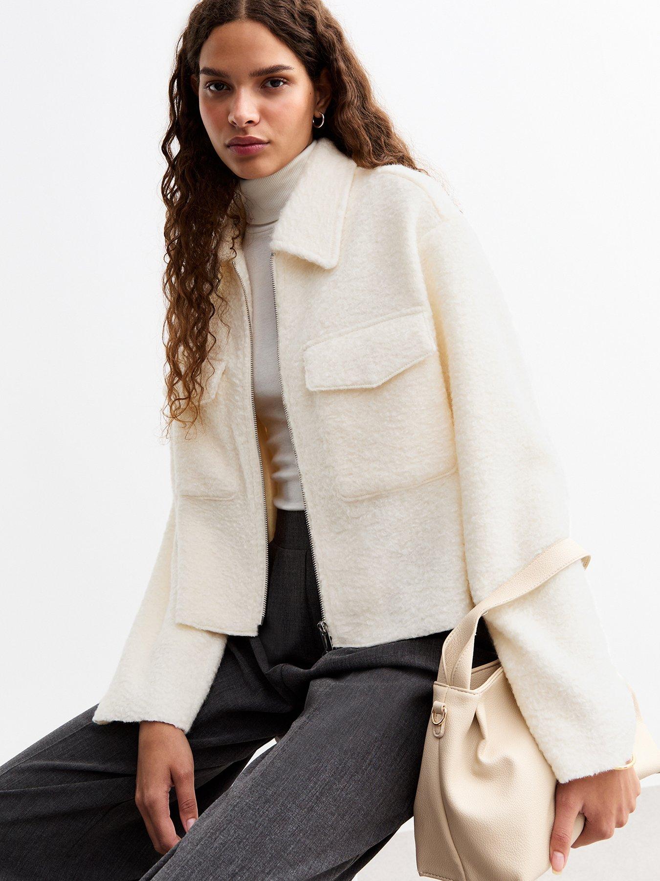 undefined Textured Zip Up Short Jacket - Cream
