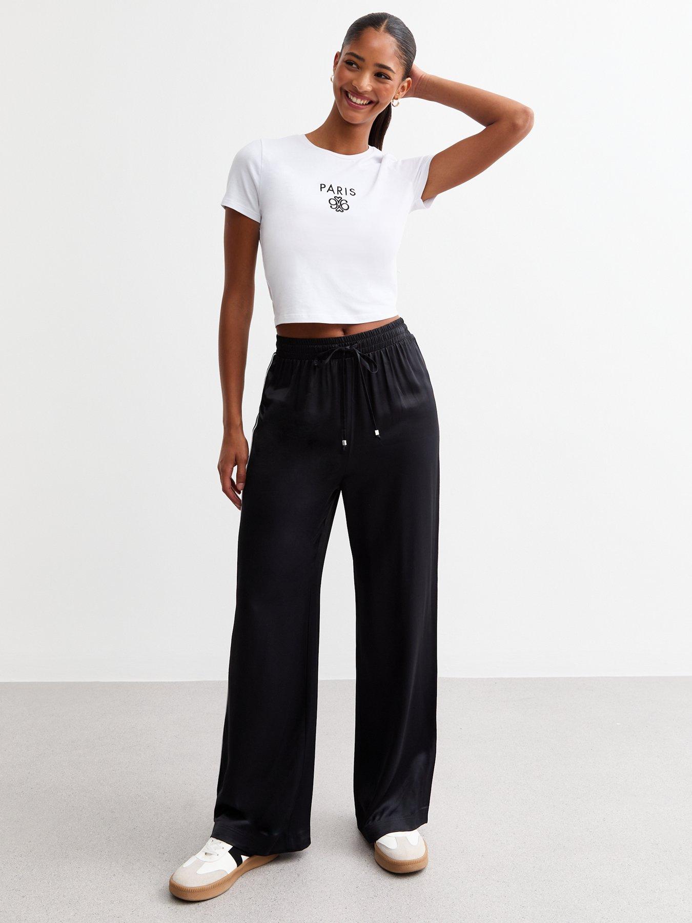 undefined Side Stripe Satin Wide Leg Trousers - Black