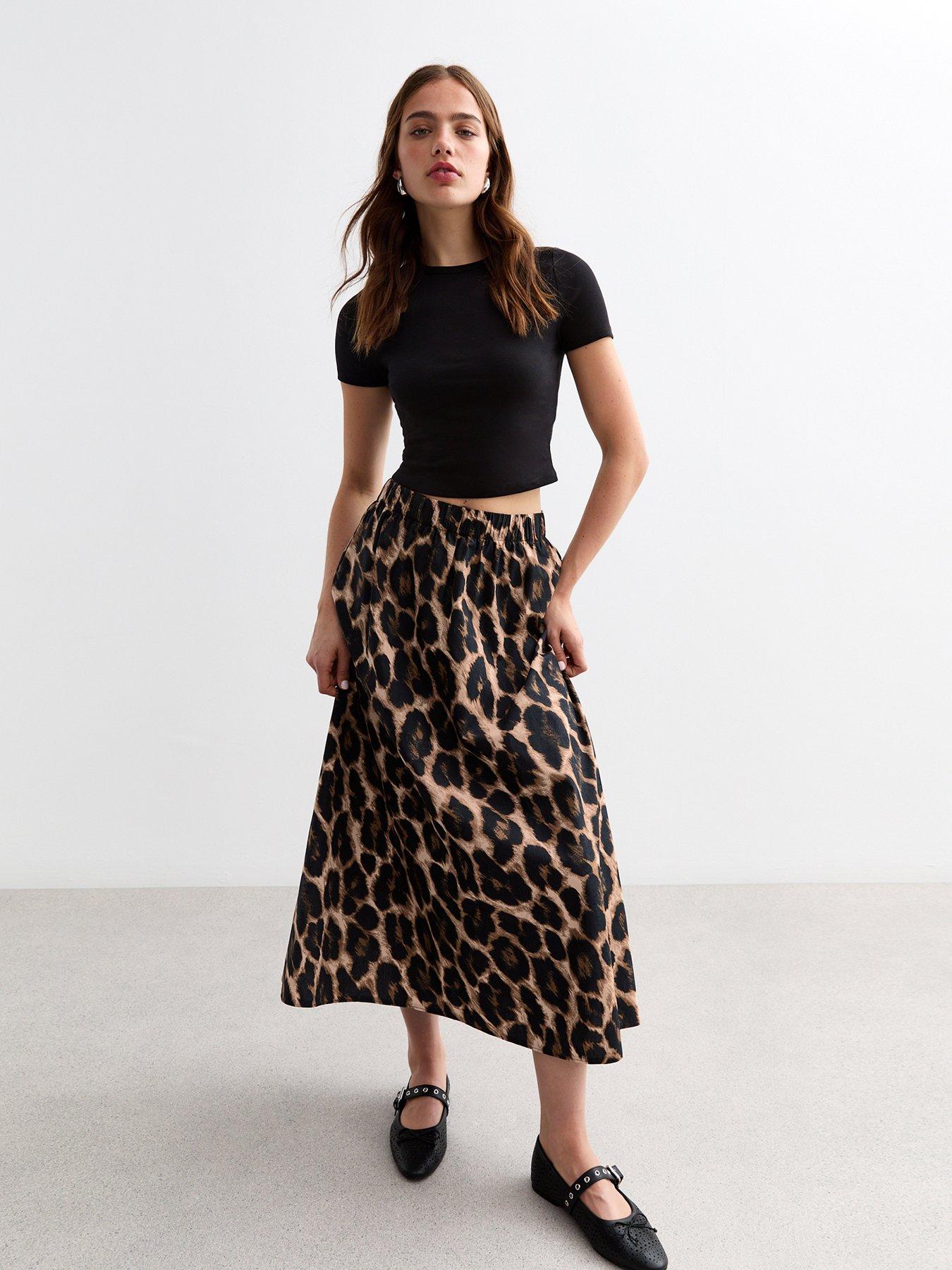 New Look Brown Leopard Print Poplin Cotton Skirt littlewoods